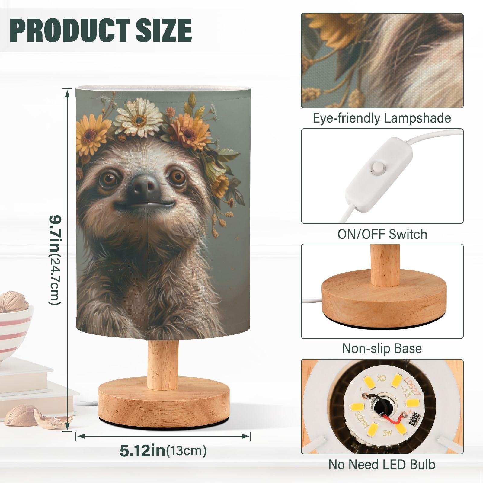 Goodold Cute Sloth Led Table Lamp - Modern Minimalist Bedside Lamp With Round Flaxen Fabric Shade For Nightstand, Perfect For Be
