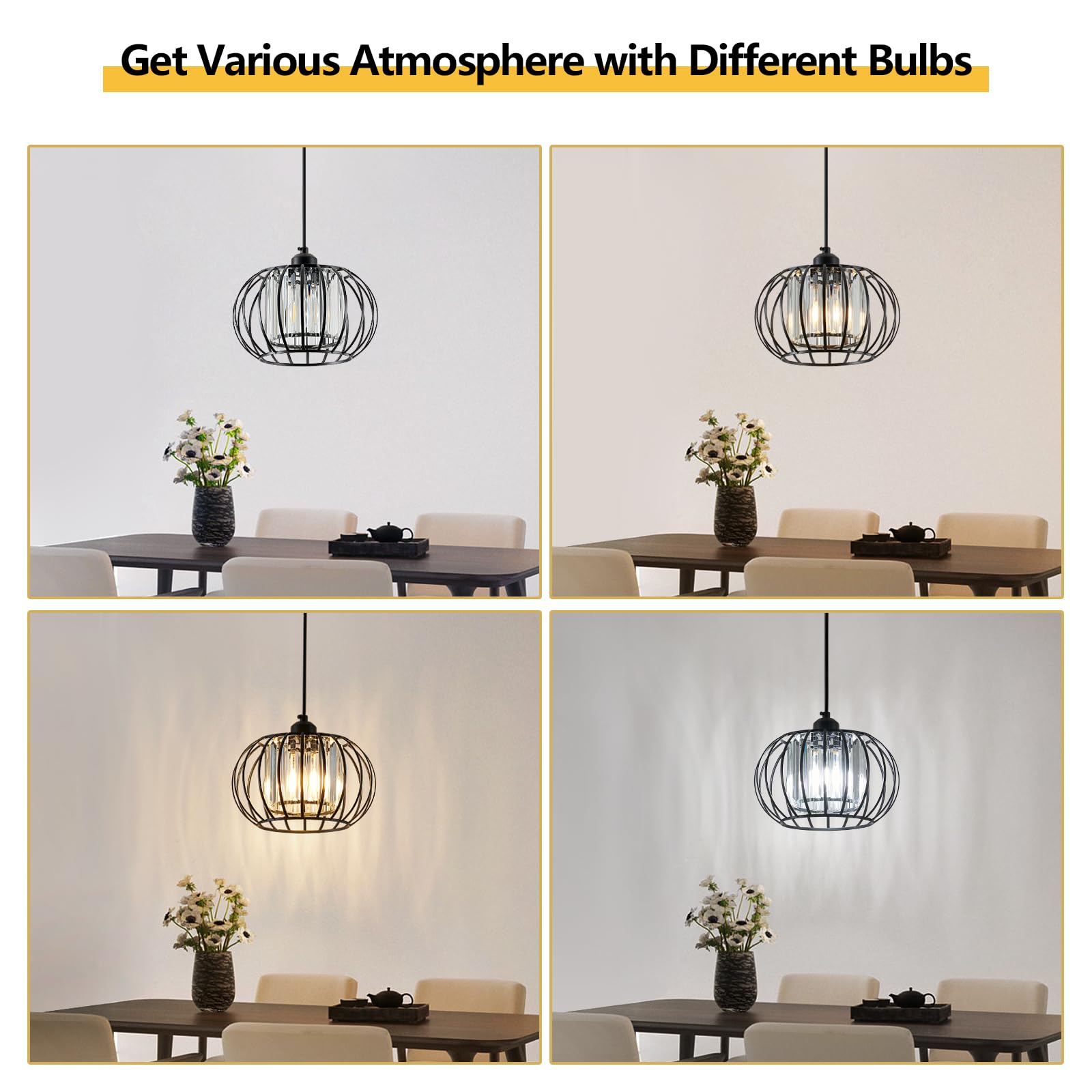 Xsdetu Black Pendant Light Fixture, Farmhouse Hanging Lights With Crystal, Adjustable Mini Kitchen Pendant Light, Modern Industrial Metal Wire Caged Hanging Pendant Lamp For Living Room, Bedroom