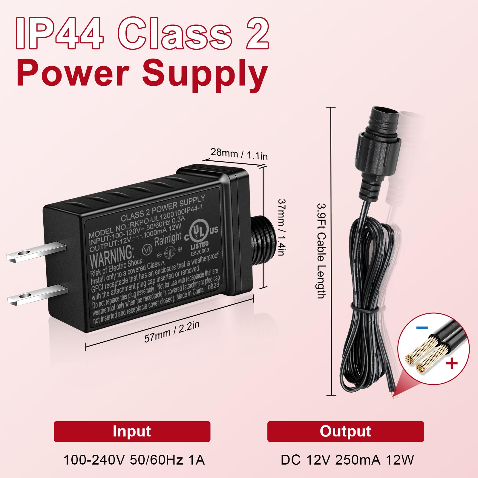 TORLISTAR 24V 6W Waterproof Power Supply Adapter, Class 2, 120V to 24V, Ideal for LED Strips & Christmas Lights, 2 Pack