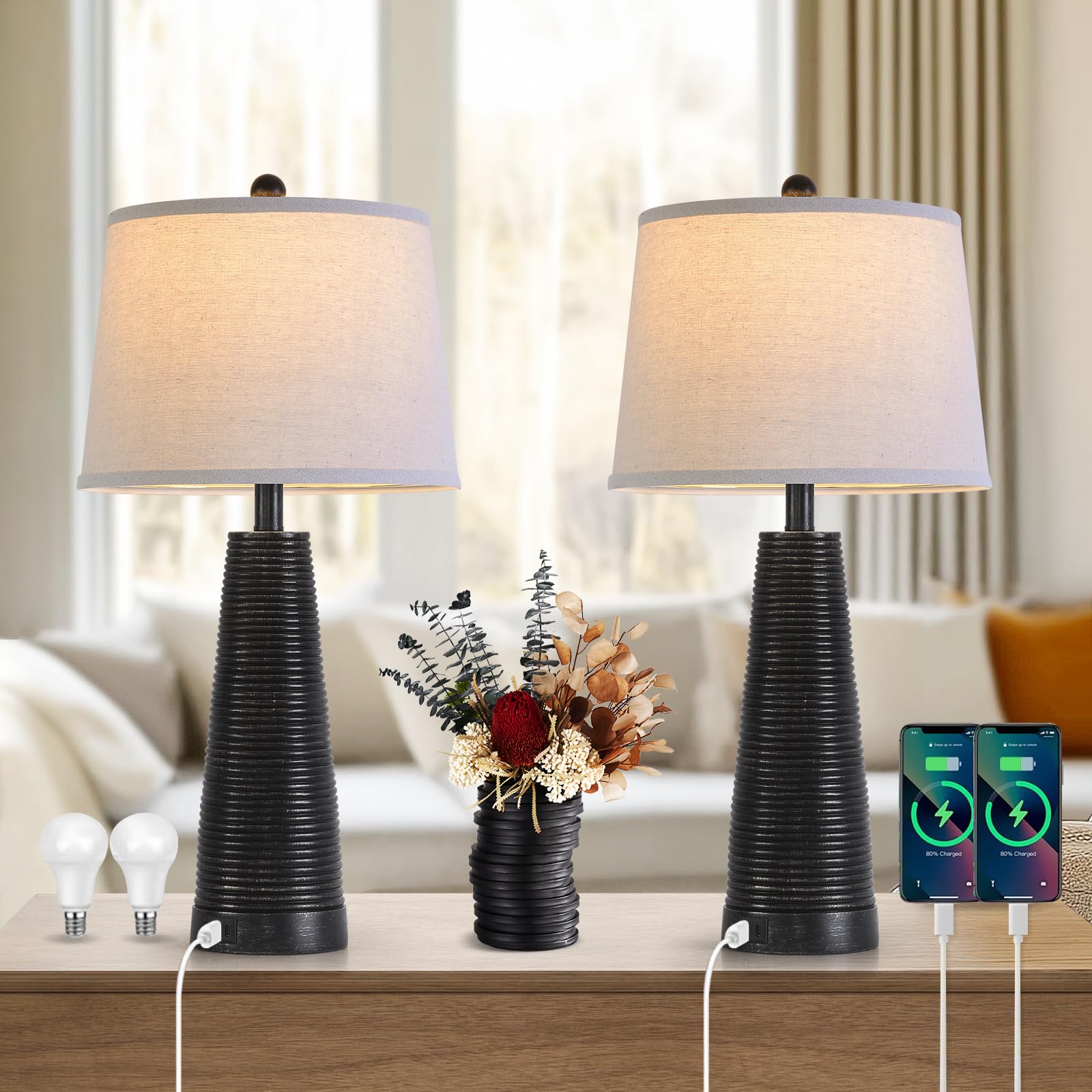 Terpsichore Nightstand Lamp Bedside Lamps Set of 2 Desk Lamp Vintage Rustic Farmhouse Table Lamp 3 Way Dimmable Light Bulb*2 USB A+C Port (Black with Gold  High 27 Inch)