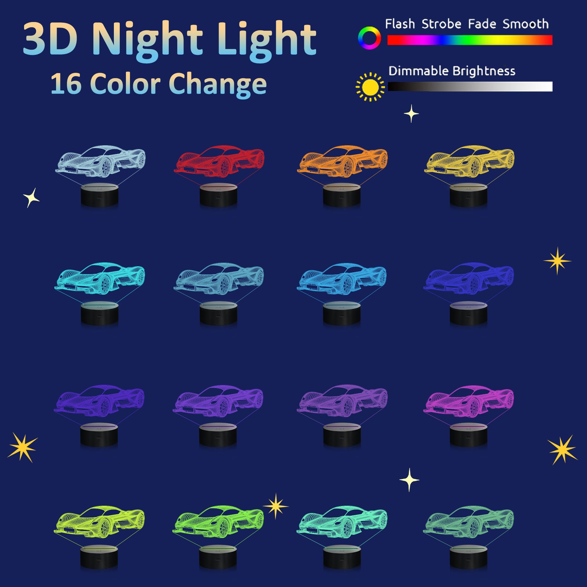 Attivolife Car 3D Night Light - Sports Racing Illusion Lamp, 16 Colors, Remote Control, Acrylic, Model FS-4002, Kids Bedroom Decor