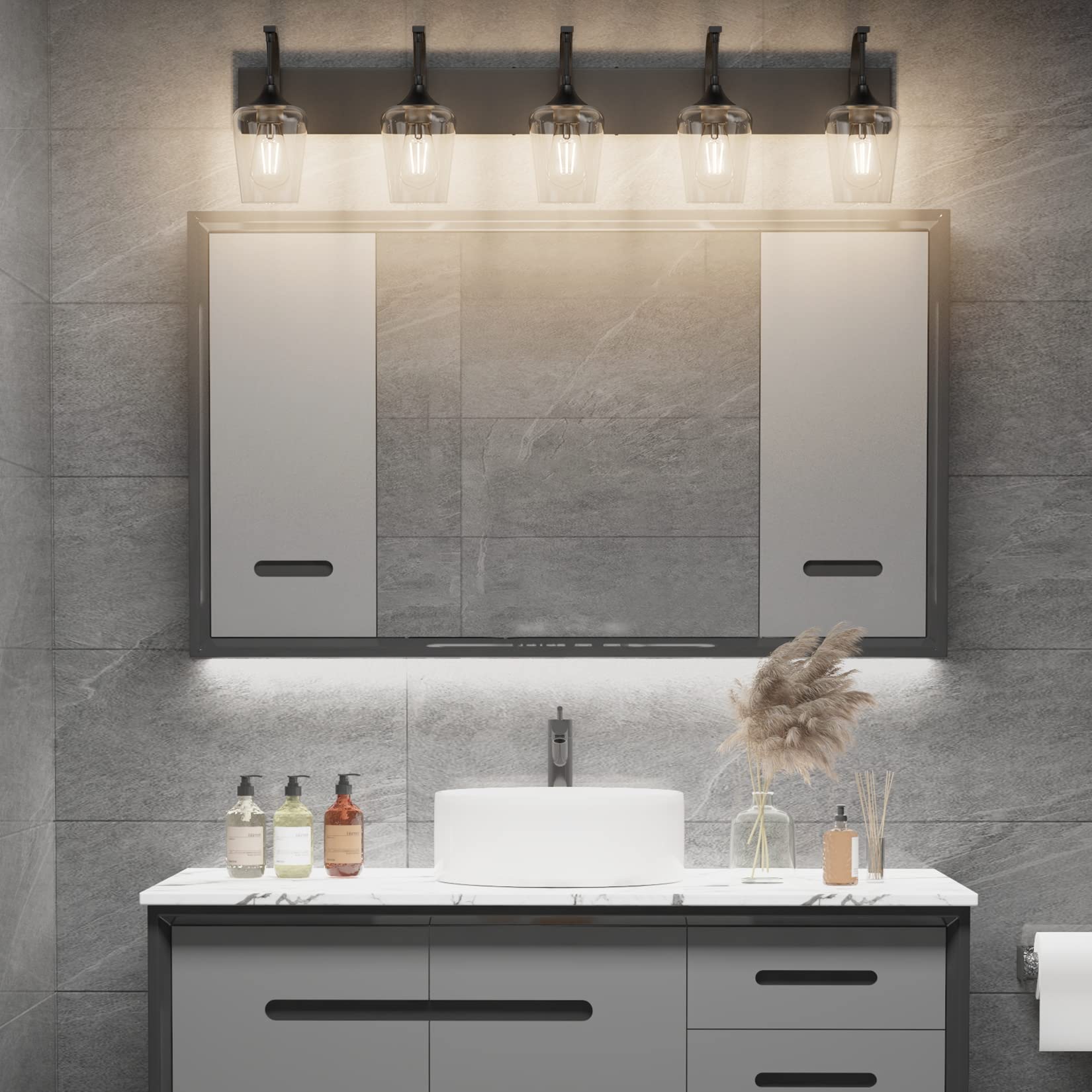 Ralbay 5-Light Matte Black Bathroom Vanity Light Fixture, Clear Glass, 42.5 inch, Industrial Style, Model 1131rablay