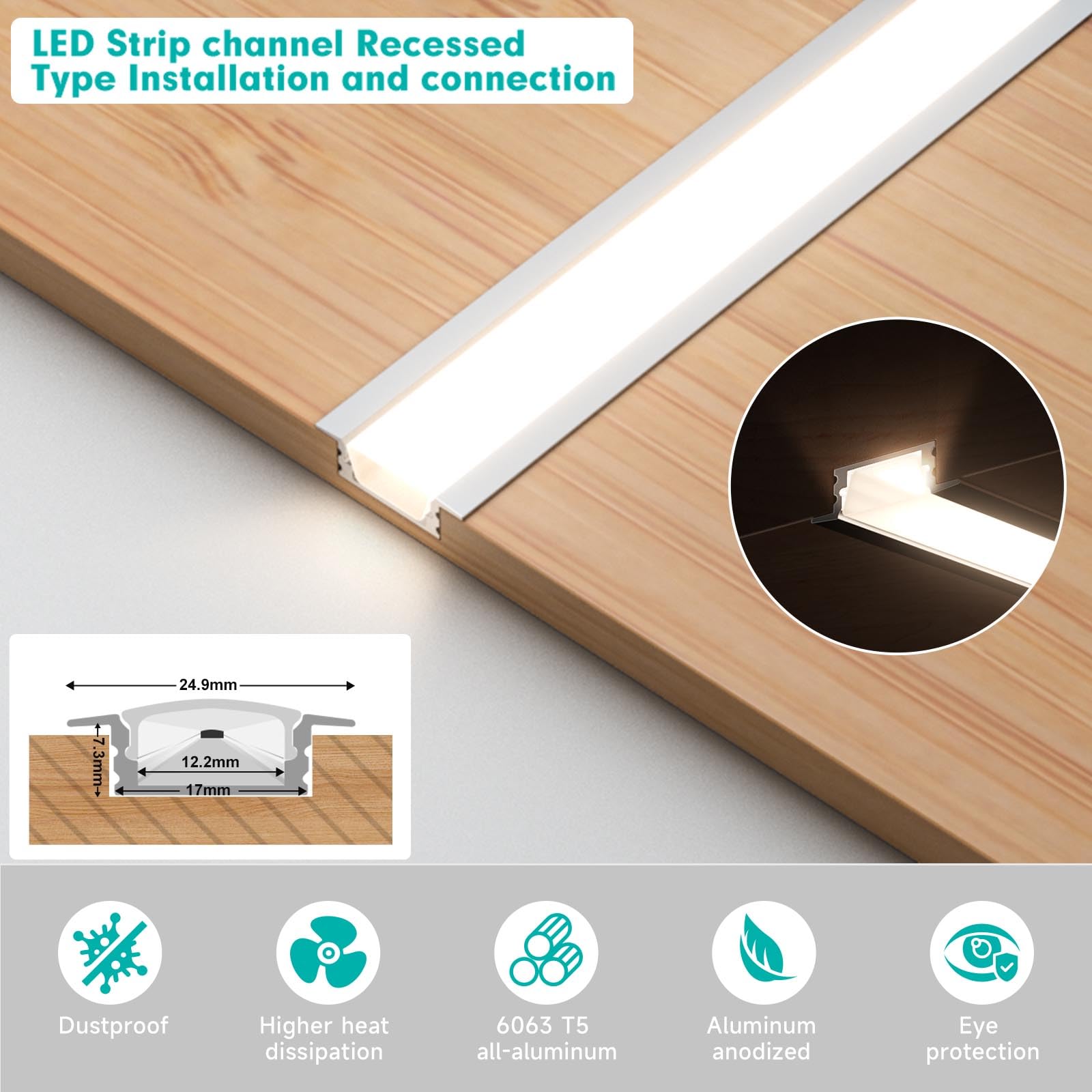 20-Pack 6.6Ft/2Meter Silver Recessed Led Aluminum Channel For Led Strip Lights Diffuser Channel With Milky Cover End Caps And Mo