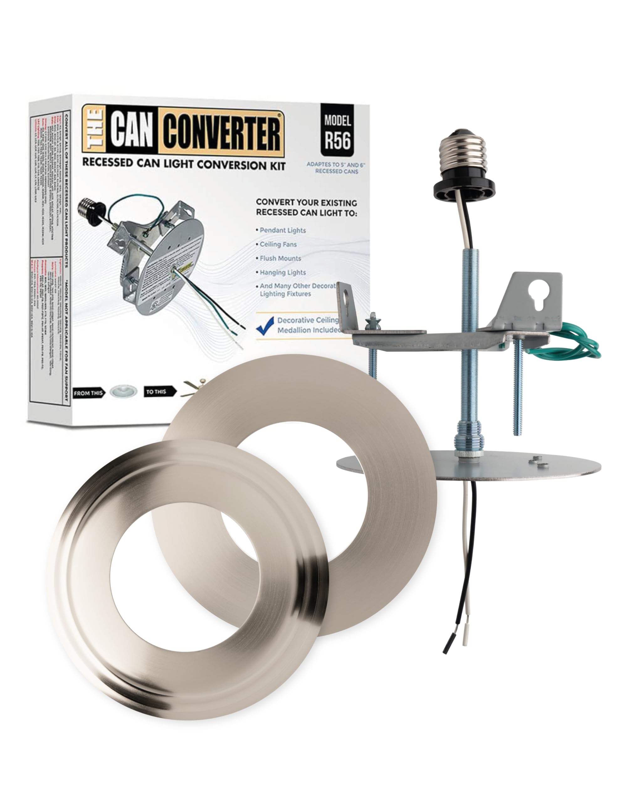 The Can Converter Recessed Can Light Conversion Kit, Satin Nickel, 7in¾ Flat & Beveled Ceiling Medallion, UL Certified