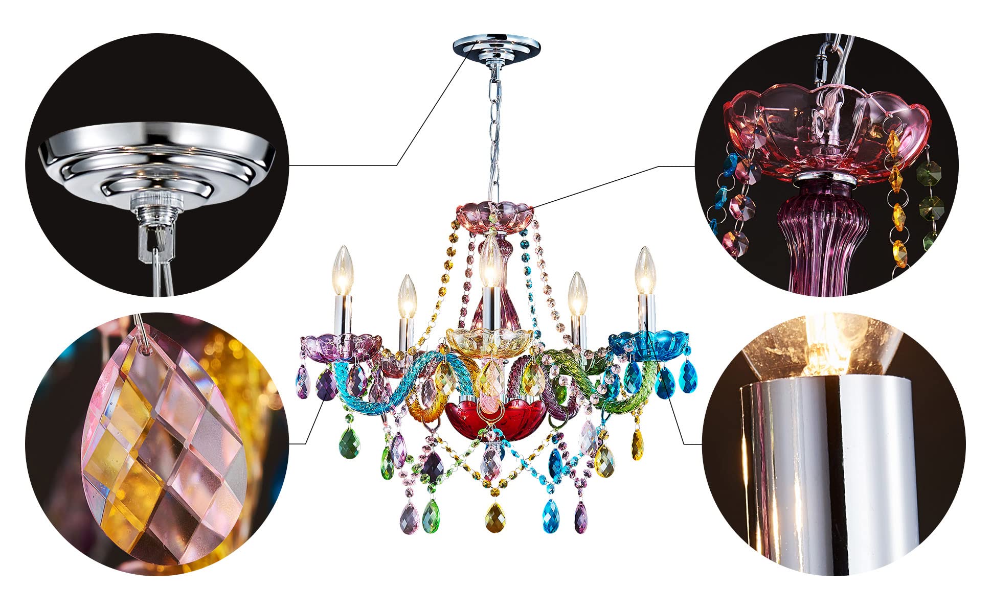 SM Saint Mossi Modern K9 Crystal Chandelier, 5-Light Pendant Fixture, Multi-Color, Adjustable Chain, H19 x W19, Model SM-DY-19084