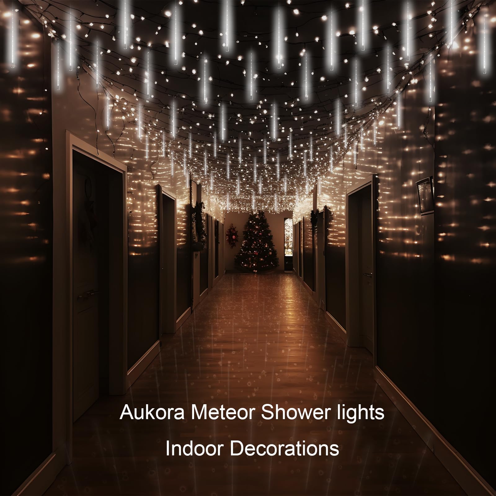Aukora White Outdoor Christmas Lights, 24 Tubes/576 LEDs, Meteor Shower Icicle Design, 46.4FT, Model AU-MSL-24T