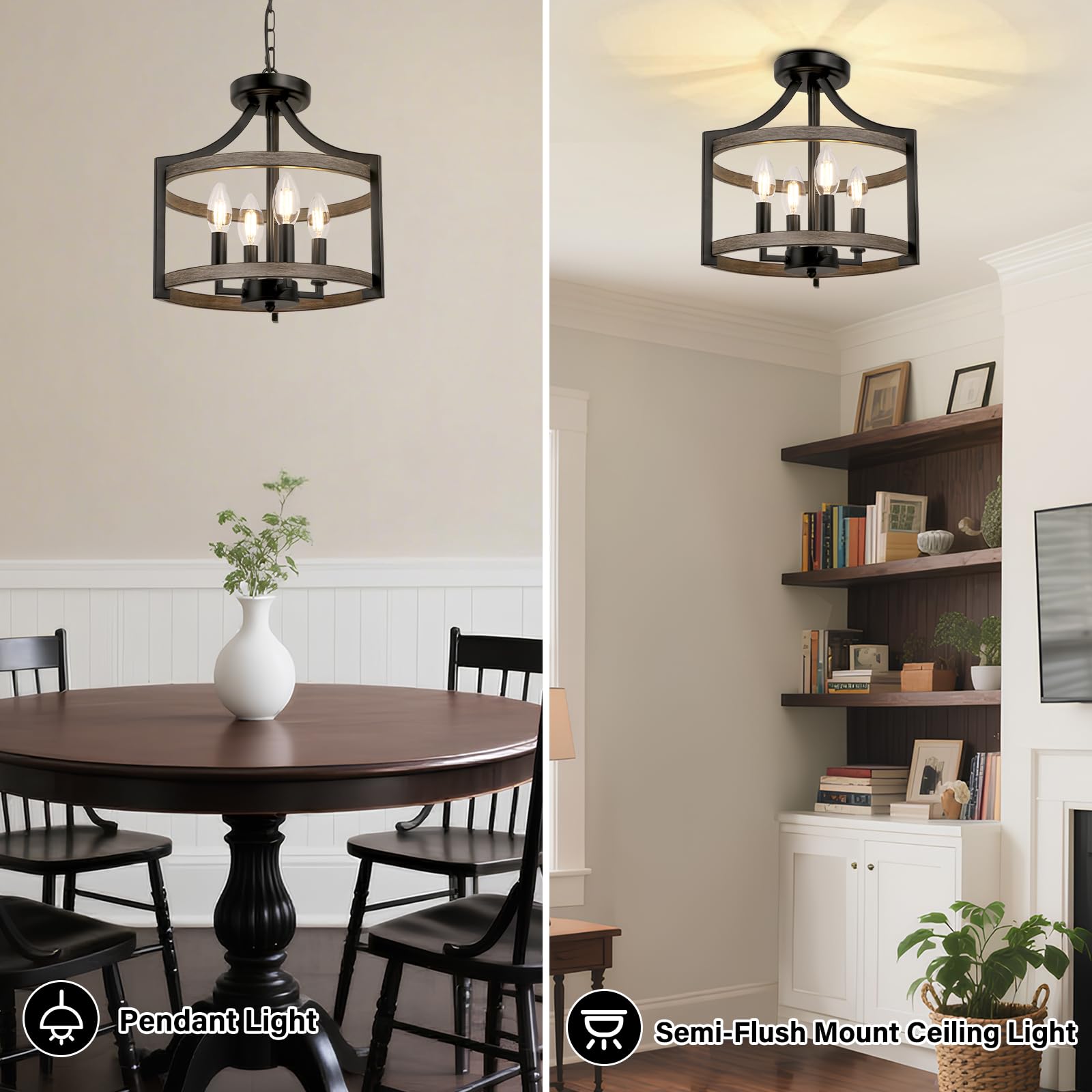 WBinDX 4-Light Farmhouse Chandelier, Rustic Metal Pendant Light, Black Faux Wood, Model WB128S-4BW, Ideal for Dining Room & Entryway