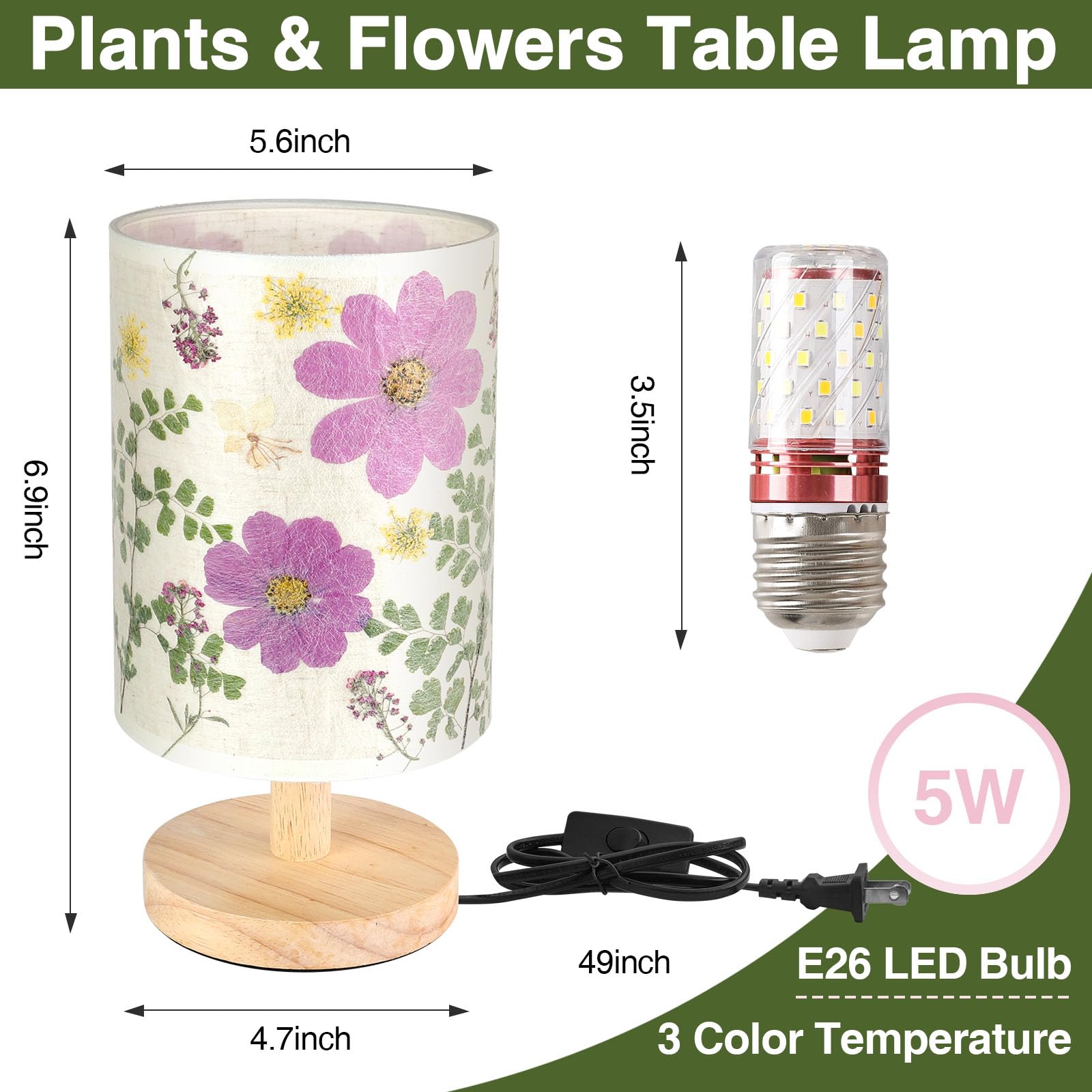 Floresita Dried Flowers Table Lamp 5W LED, Linen Shade, Wood Base, Model 1006YHD, Round-Flowers Design for Bedroom & Office