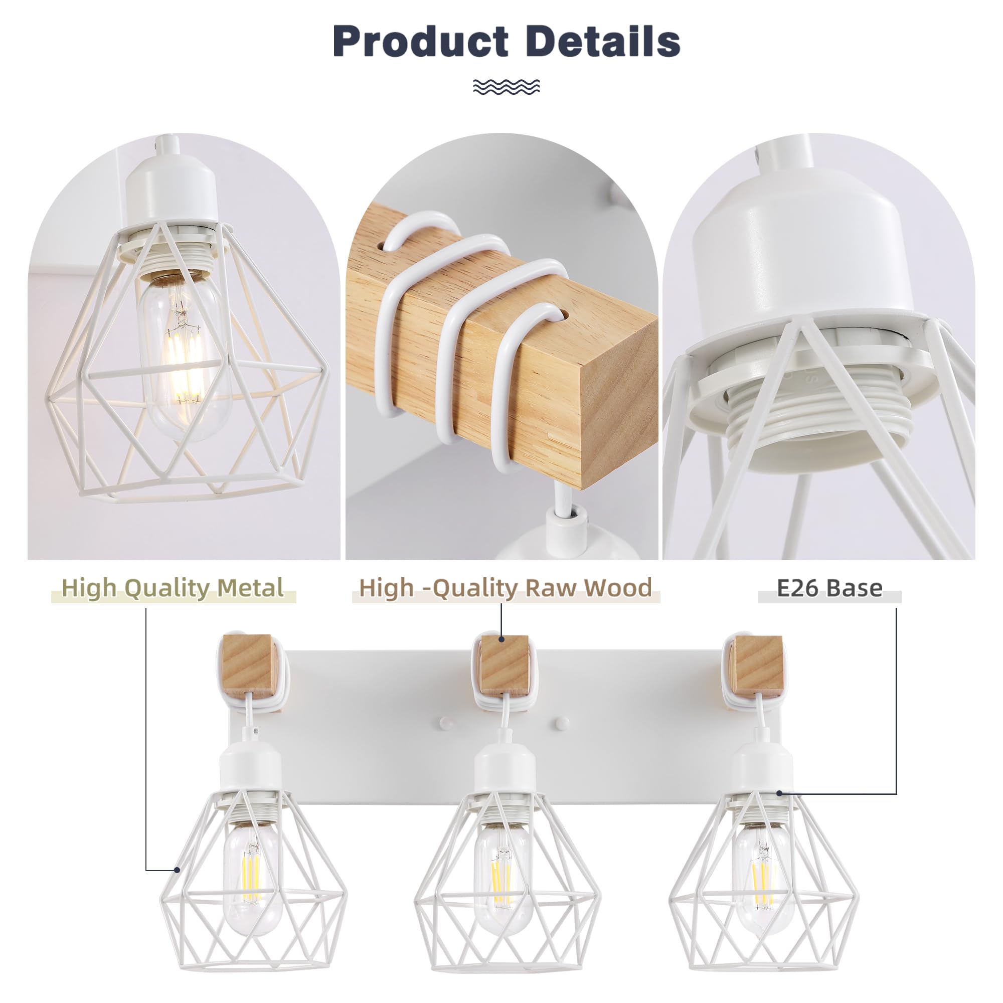 Maesta 3-Light Farmhouse Bathroom Vanity Light Fixture, Rustic Wood & Metal Sconces, White, Model MA021-3