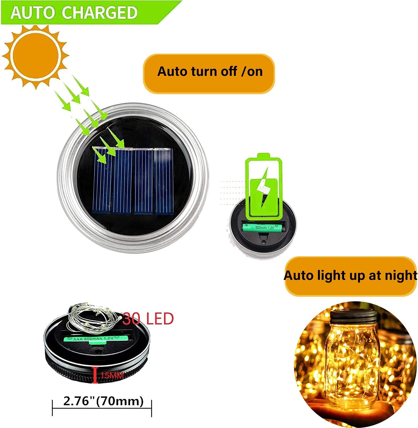 Ostritec Solar Mason Jar Lights Lids, 8 Pack 30 Led Fairy Lights(Jars Not Included), Outdoor Hanging Mason Jar Solar Lights, Fai