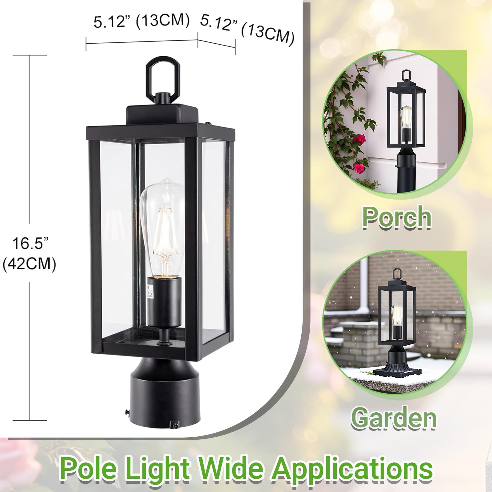 GRUENLICH Outdoor Post Lighting Fixture Pole Lantern, E26 Medium Base Max 60W, Metal Housing Plus Glass, Matte Black Finish, Bul