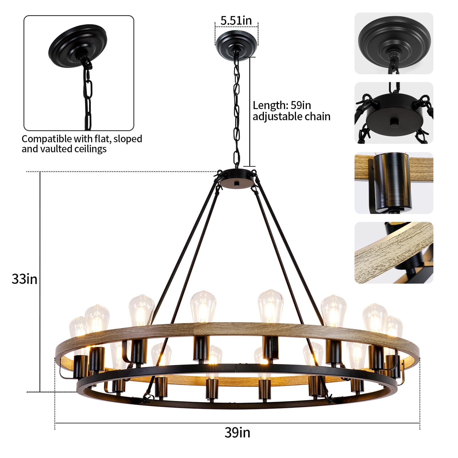 WOGON WEEL 16-Light Wagon Wheel Chandelier, 39-Inch Rustic Farmhouse, Black & Oak Wood Finish, Model chelun019