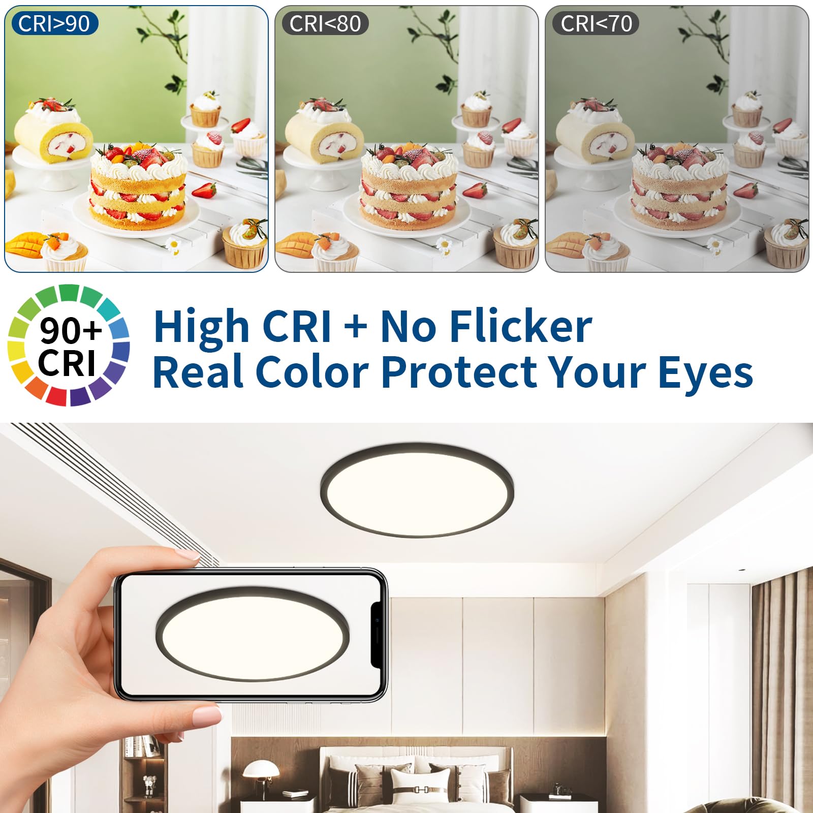 Glowall Modern 16'' Led Ceiling Light Fixture, Ultra Thin Flush Mount, Dimmable & 3000K/4500K/6000K Selectable, 28W 2800Lm, Blac