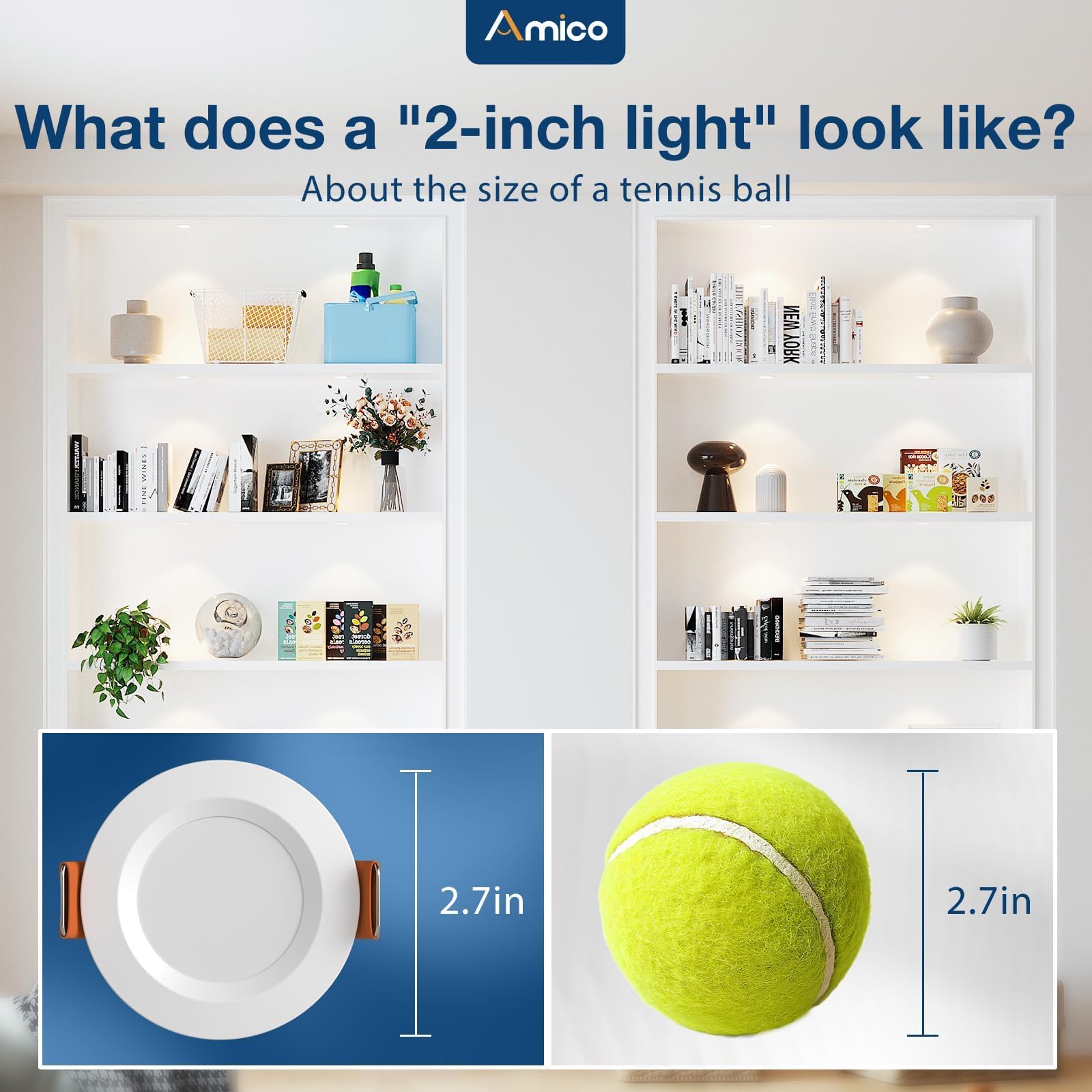 Amico 6 Pack 2 Inch 5Cct Ultra-Thin Led Canless Recessed Ceiling Light With Junction Box, 2700K/3000K/3500K/4000K/5000K Selectab