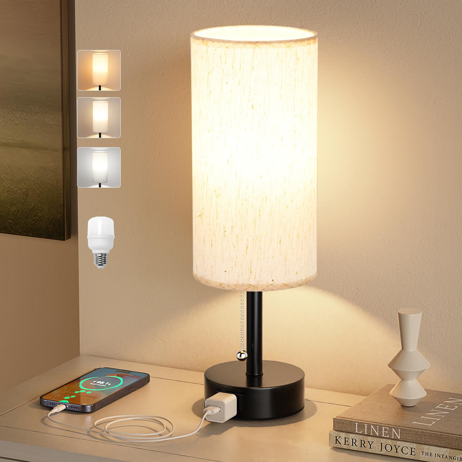 Bedside Table Lamp For Nightstand - 3 Color Temperatures Pull Chain Lamp with AC Outlet Charging Port, Round Night Stand Lamp for Bedroom Living Room Guest Room, Small Bed Side Light with E26 LED Bulb