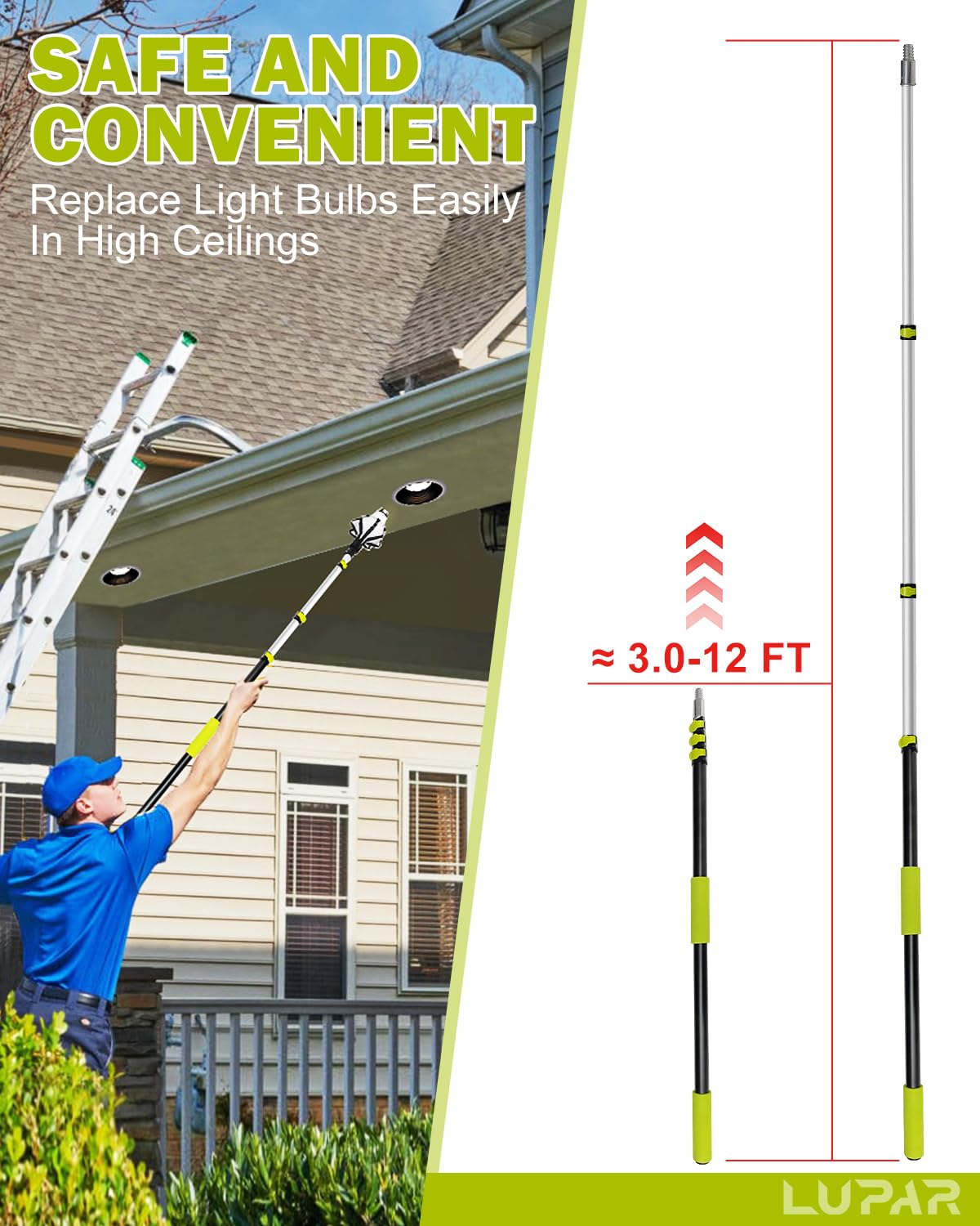 Lupar Telescoping Light Bulb Changer Pole Kit, 3 FT to 12 FT, Includes 2 Baskets & Suction Cup for High Ceilings and Recessed Lights