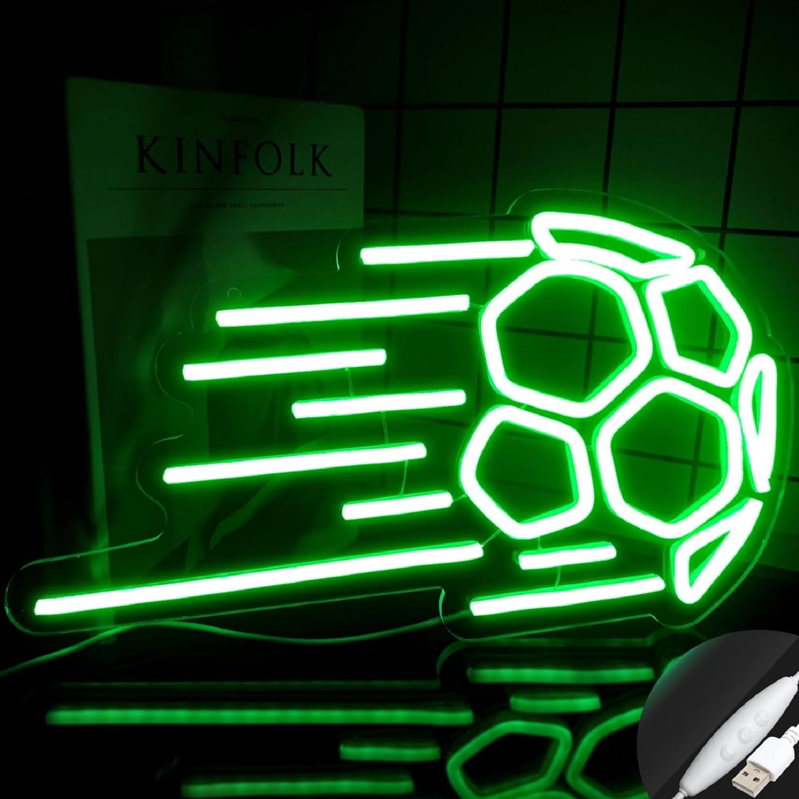 RAINDEE Neon Soccer Sign Lamp for Garage, Man Cave Decor, 16.5inL x 1.2inW, Green, Model LT-GM003