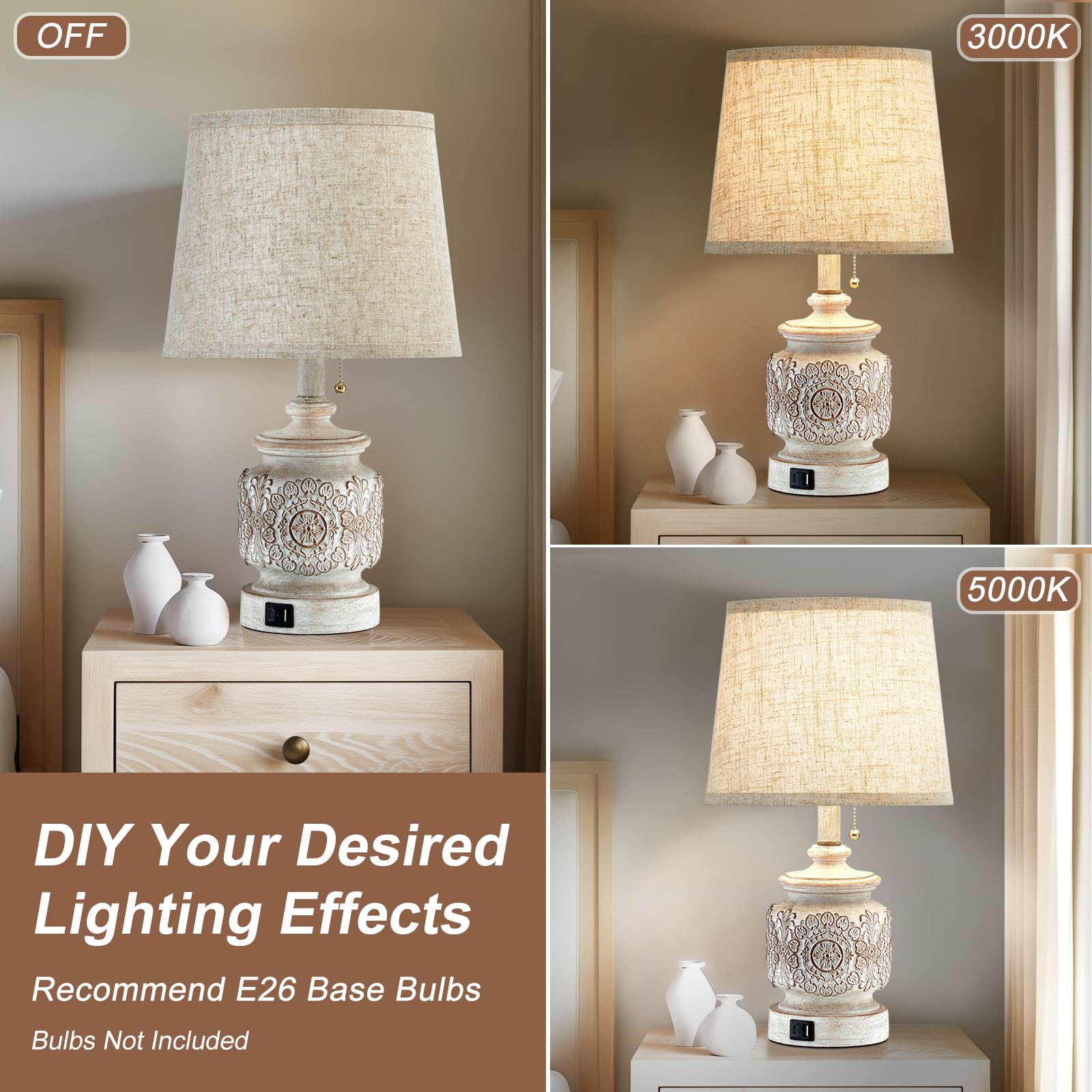 19.5'' Farmhouse Vintage Table Lamps For Living Room Set Of 2 Traditional Rustic Bedside Lamps For Bedrooms Nightstand With Usb