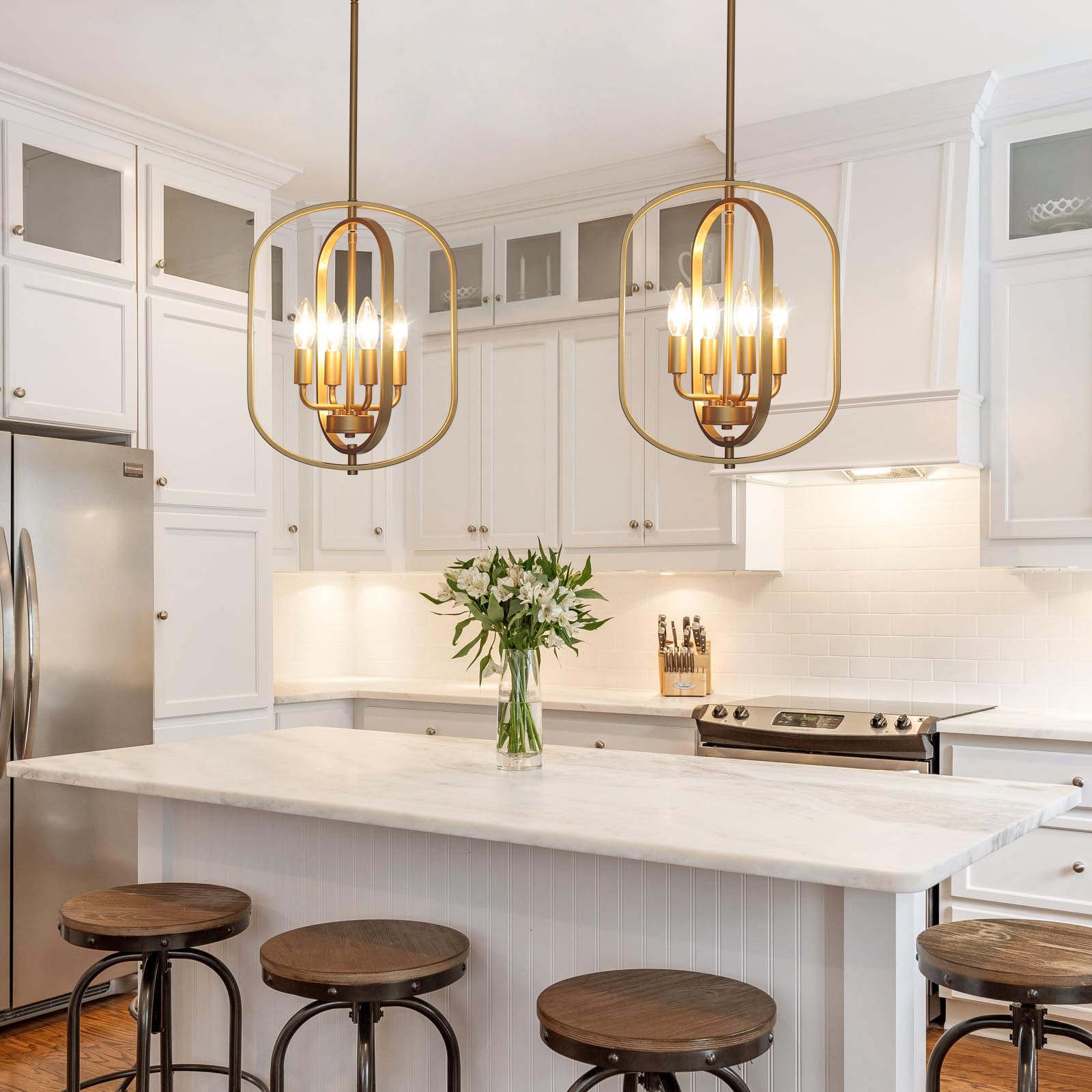 Gold Chandelier For Dining Room Light Fixture, 4 Light Entryway Light Fixture, Adjustable Modern Farmhouse Chandelier Foyer Ligh