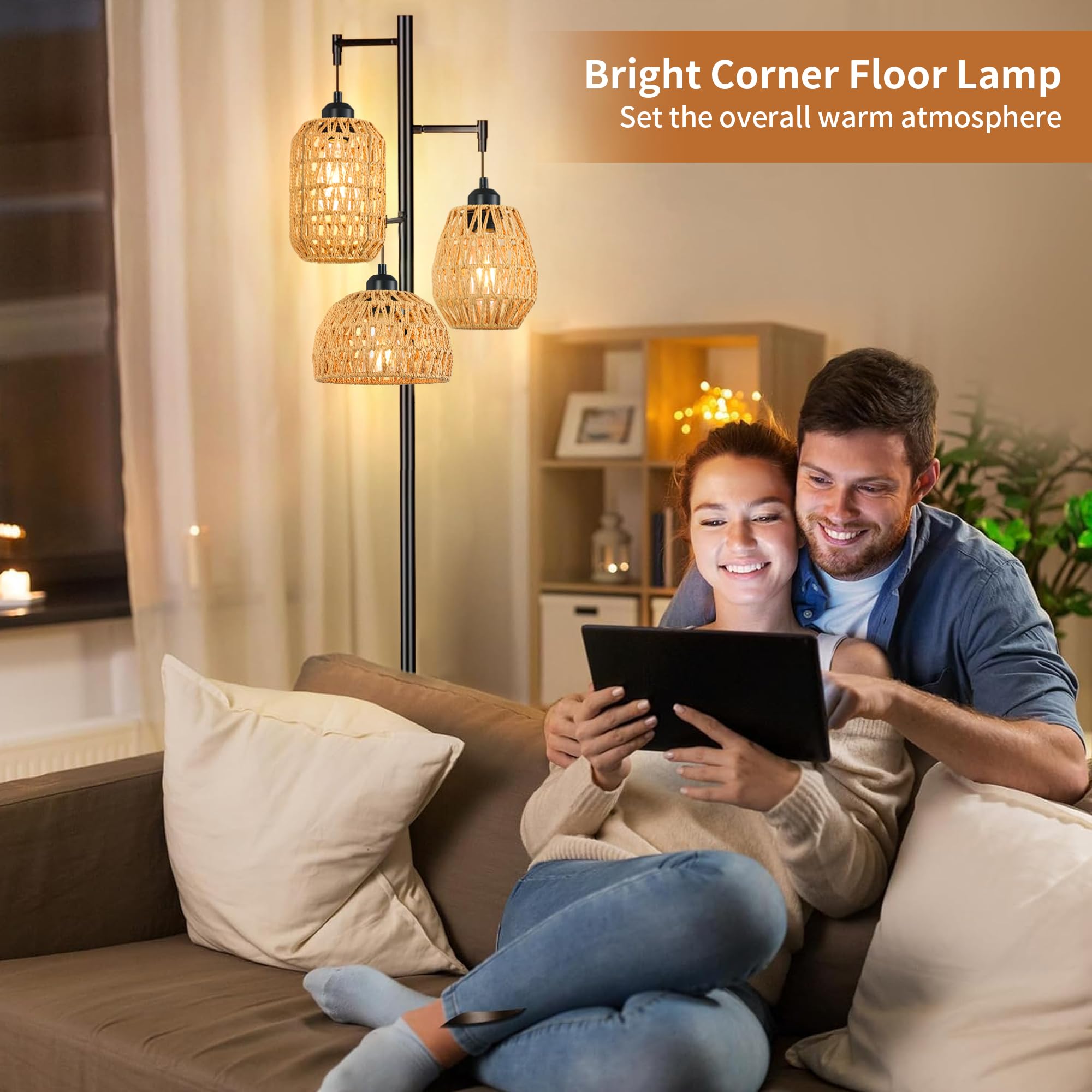 Ahdwdw Boho Floor Lamp For Living Room Bedroom - Farmhouse 3 Rattan Wicker Shades, Rustic Black Vintage Standing Light 68'' Tall
