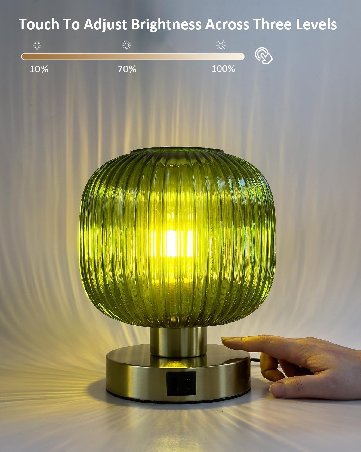 Elenhome Elegant Green Glass Touch Table Lamp - 3 Way Dimmable, USB Charging Ports, 1 Pack, Model WN-CL05
