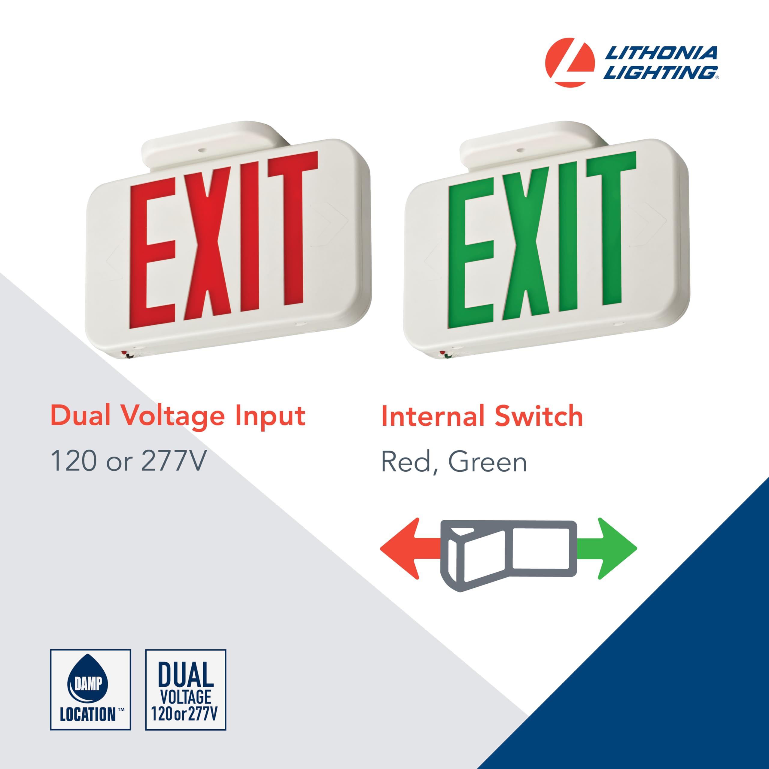 Lithonia Lighting Exrg M6 Single-Sided Led Exit Sign, Thermoplastic Construction, Switchable Red And Green Colors, Ac Power, Includes Extra Faceplate, White