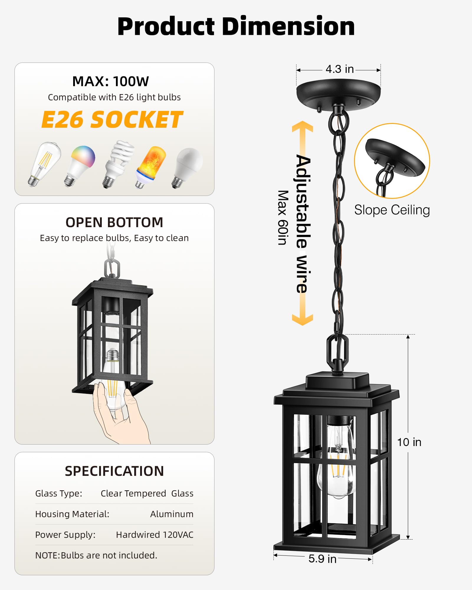 Opaxis Black Outdoor Pendant Lights For Porch, Modern Hanging Porch Light, Waterproof Outdoor Pendant Lights With Tempered Glass