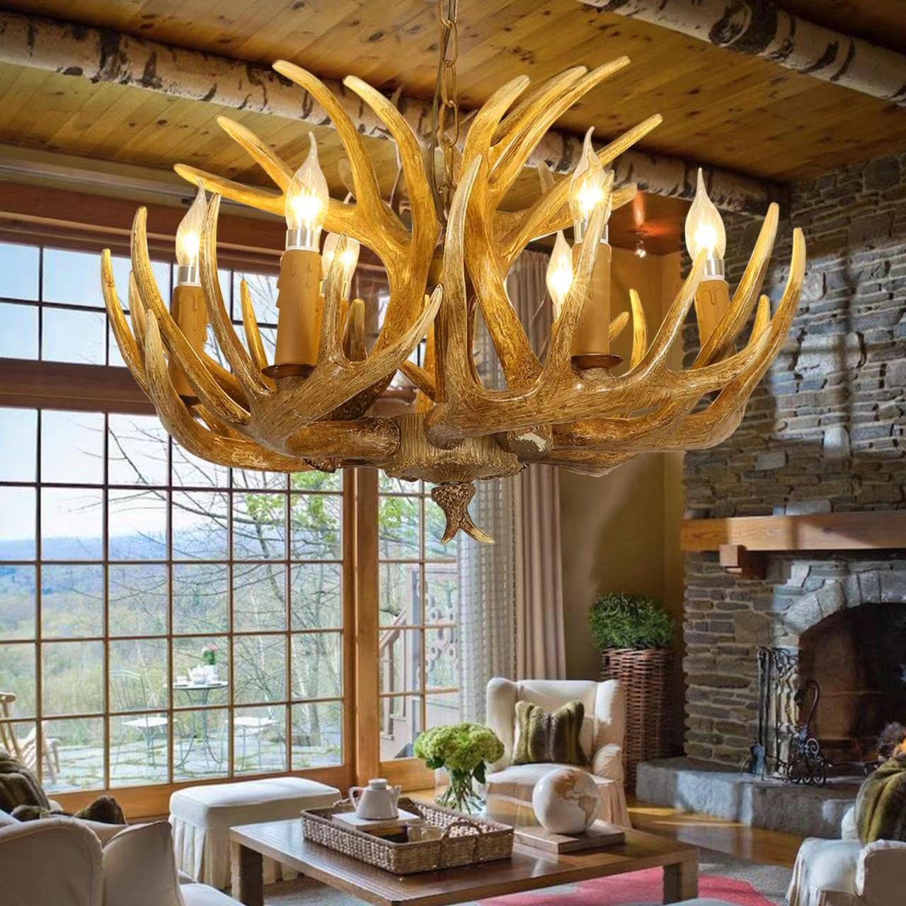 AUNLPB Antler Chandelier 6 Light Vintage Style Faux Resin 26 Inch for Living Room, Cabin - 6 Lights, 9 Arms
