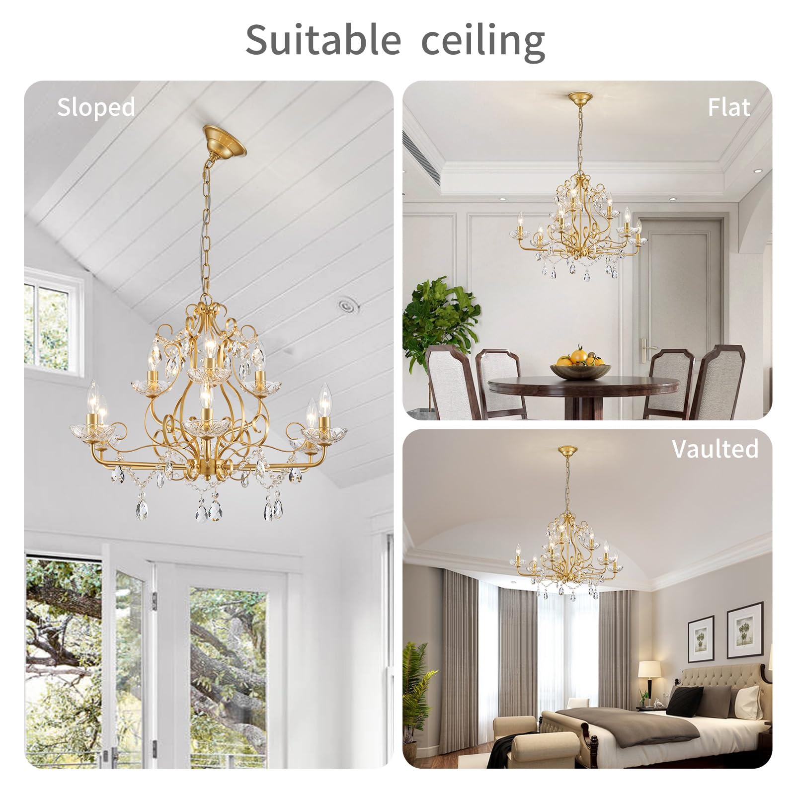 WUZUPS 9-Light Crystal Chandelier, Gold Metal Flushmount, H 18.1" x W 25.6", Modern Lighting for Bedroom, Hallway, Kitchen, Bathroom