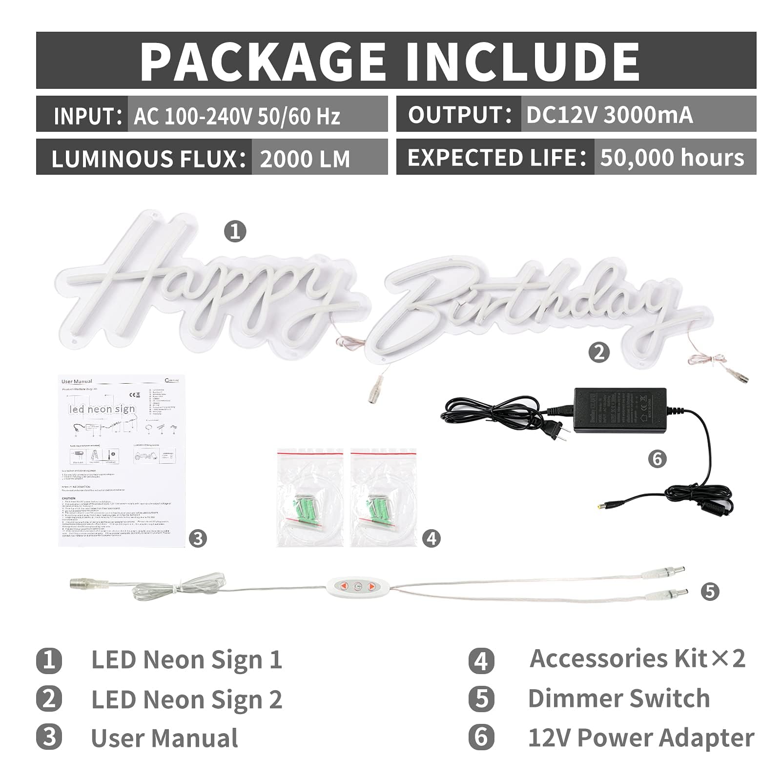 ATOLS Neon Birthday Sign Set, 2PCS with Dimmer, Acrylic, White, 16.5x8in & 23x8in for Wall Decor