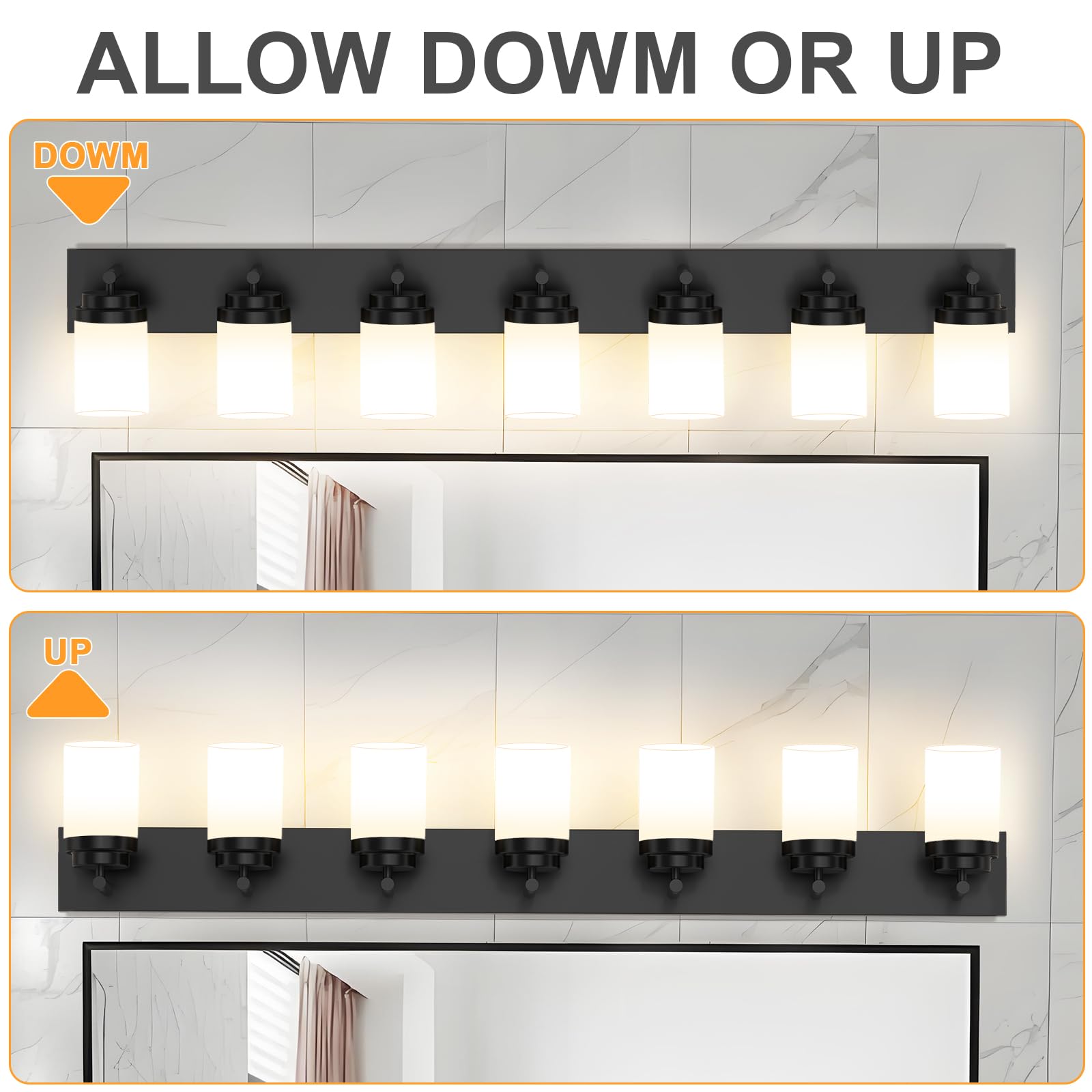 Izorro Bathroom Vanity Light Fixture  7-Light 51 Inch Matte Black Bathroom Light Fixtures Over Mirror  With White Glass Shade  Modern Farmhouse Vanity Lights  Rustic Restroom Lighting Fixtures