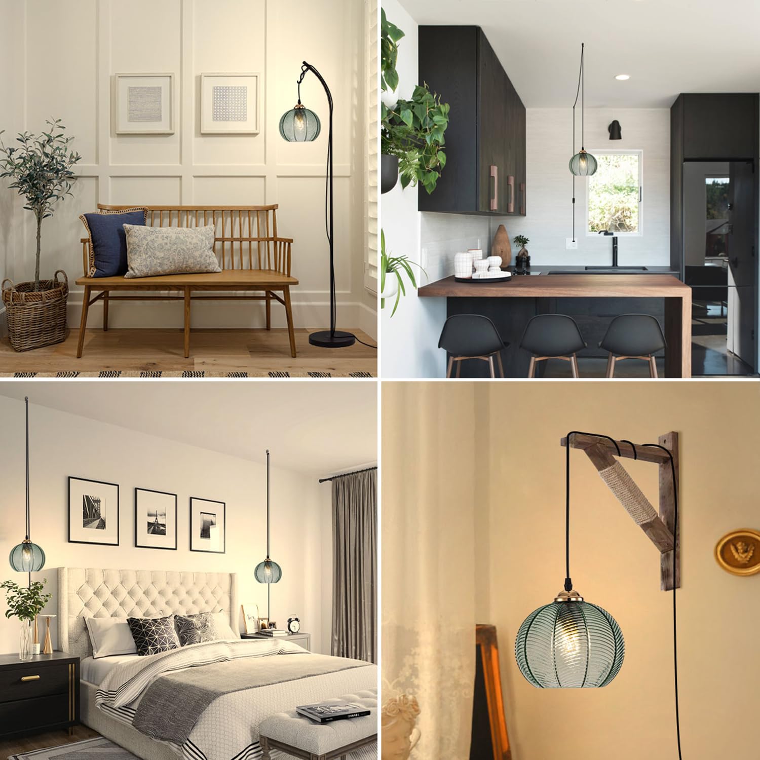 Aoodu Plug In Pendant Light, Green Glass Pendant Light 14.75Ft Hanging Light With Plug In Cord Hand Blown 1-Light Hanging Lamp P