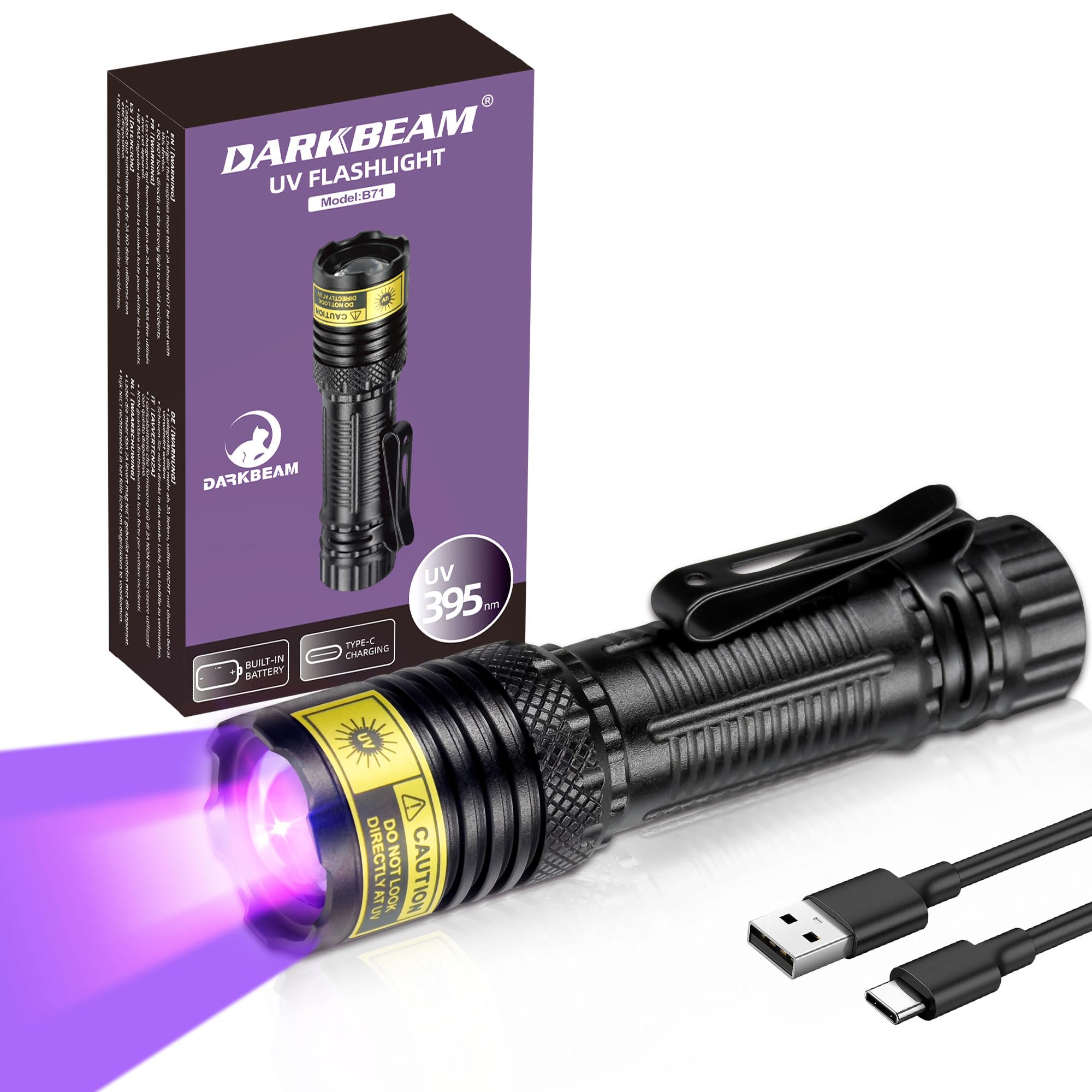 DARKBEAM UV Flashlight 395nm Mini Black Light USB-C Rechargeable Focusable Water Resistant Model B71-395NM