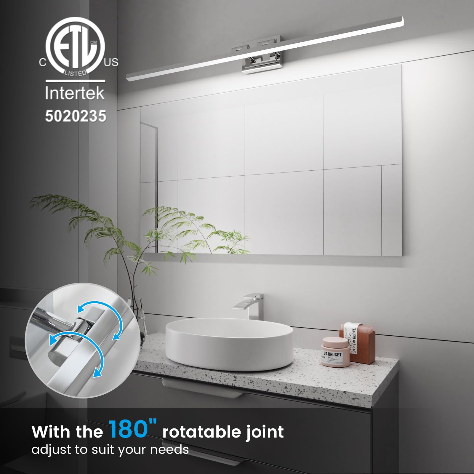 Volisun Modern Bathroom Vanity Light 48 Inch, Rotatable, 30W Dimmable 5Cct Led Bathroom Light Fixture Over Mirror, Chrome Vanity