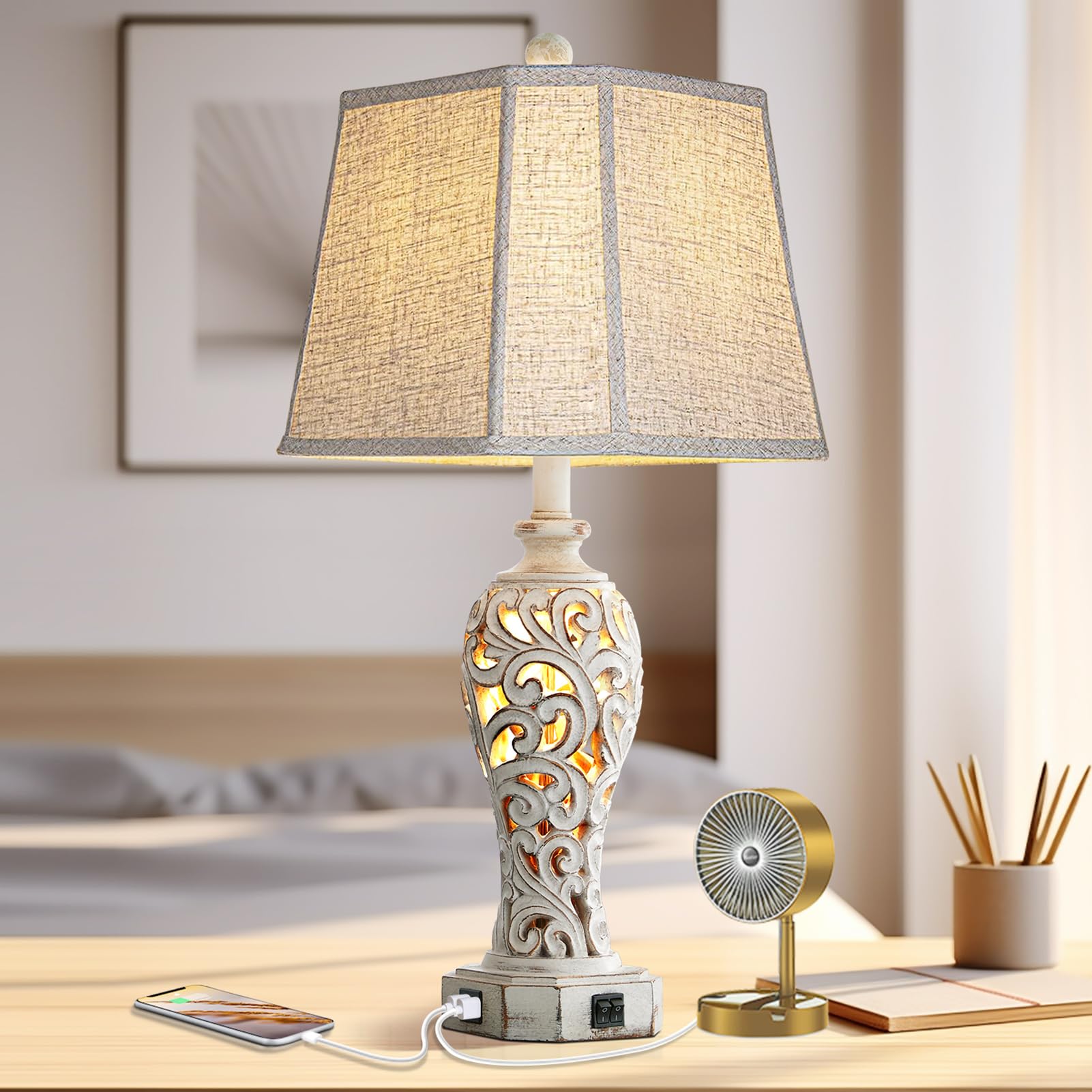 25'' Farmhouse Table Lamp for Living Room Bedroom, 2 USB Ports Vintage Rustic Nightstand Desk Lamp with Nightlight, White Hollow