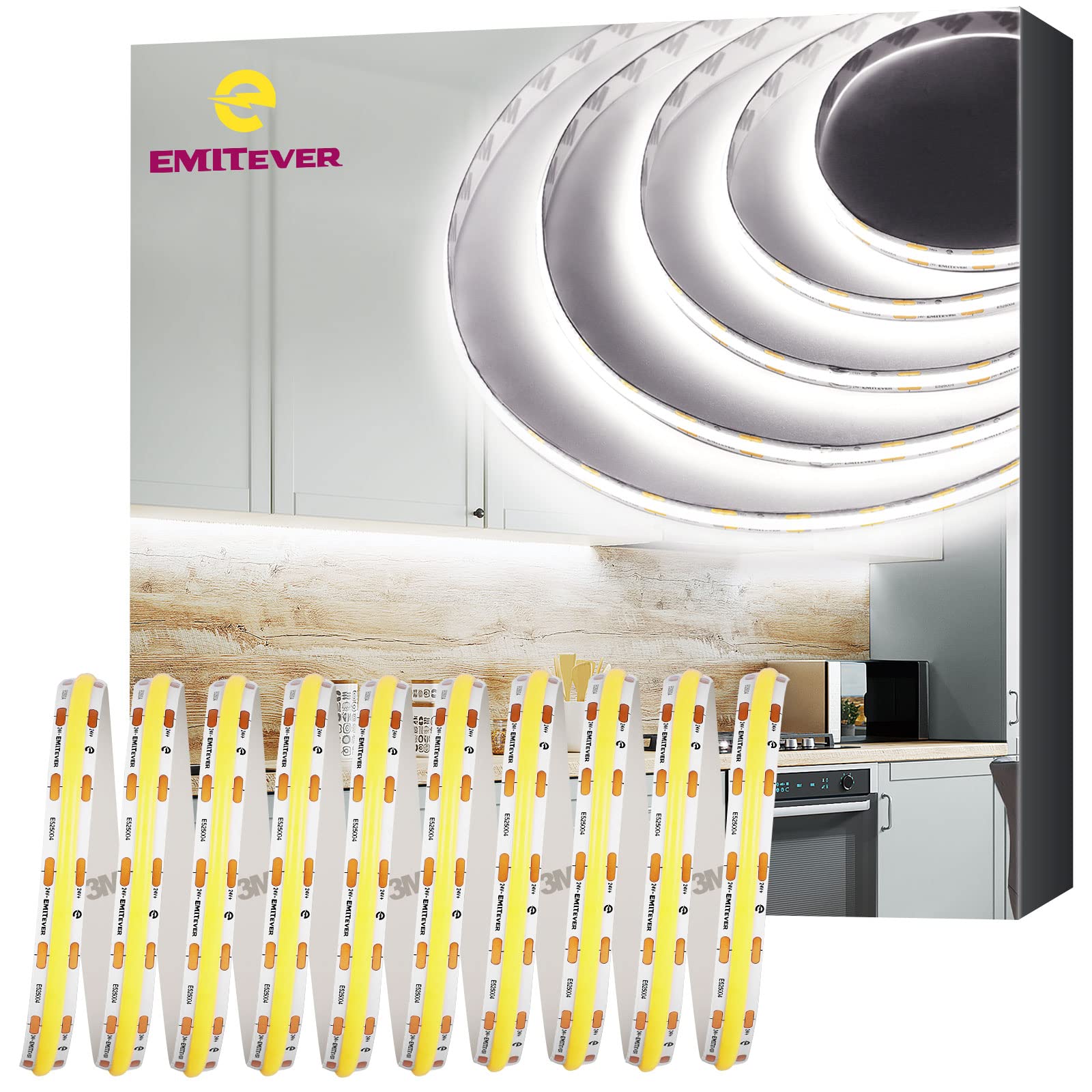 Emitever Cob Led Strip Lights Cool White, 5000K Tape Light Premium High Density, Dc 24V, 300+Lumens/Ft, 2400Leds/Spool, Ra 90+,
