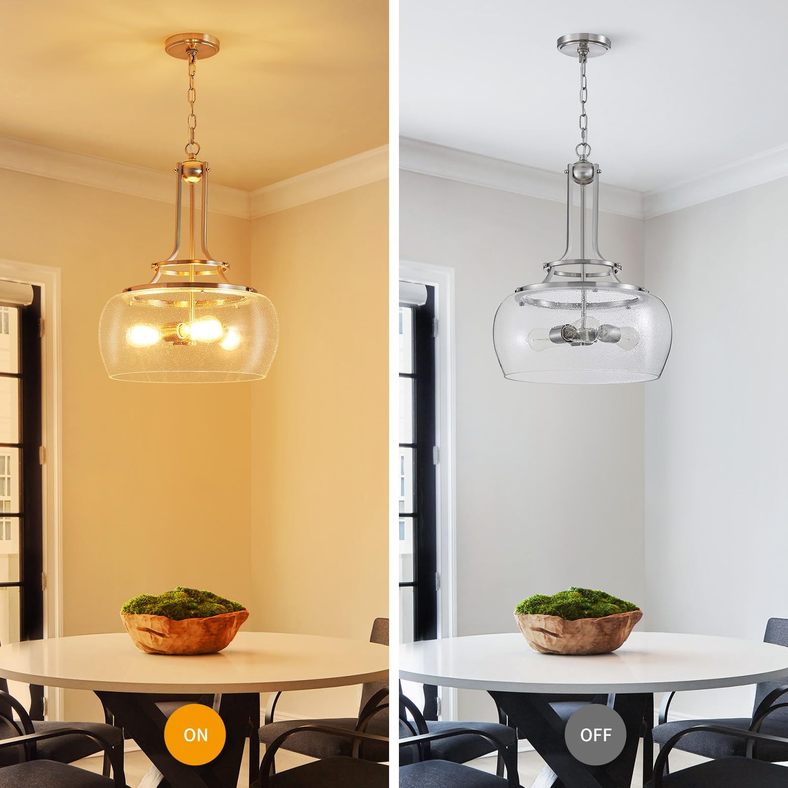 Wuzups Rustic Farmhouse Round Pendant Light, 3-Light Led Chandelier, Brushed Nickel, Glass Shade