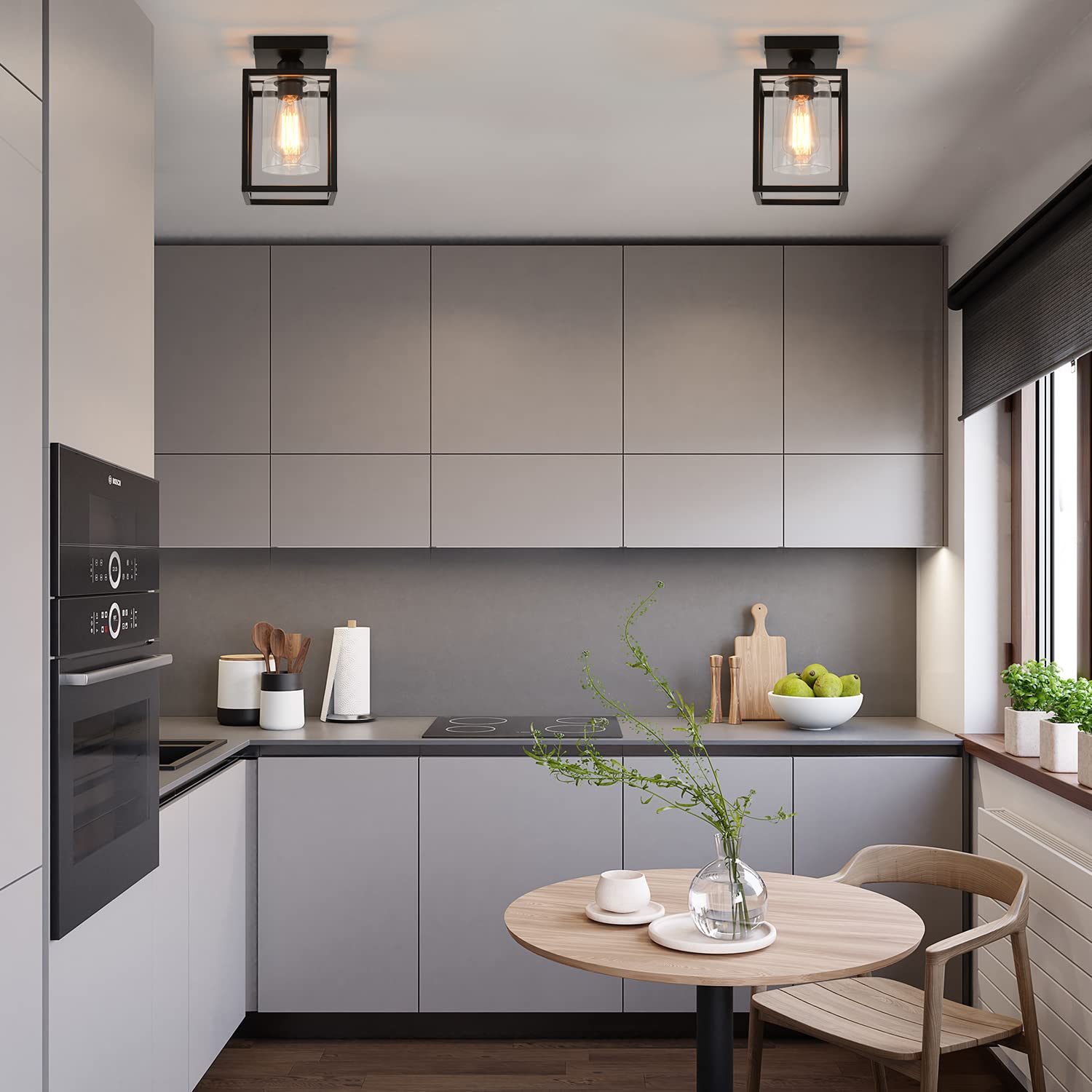 Ihengyanlt 1 Pack Semi Flush Mount Ceiling Light,Black Metal Frame Ceiling Light Fixture With Clear Glass Shade, Farmhouse Light