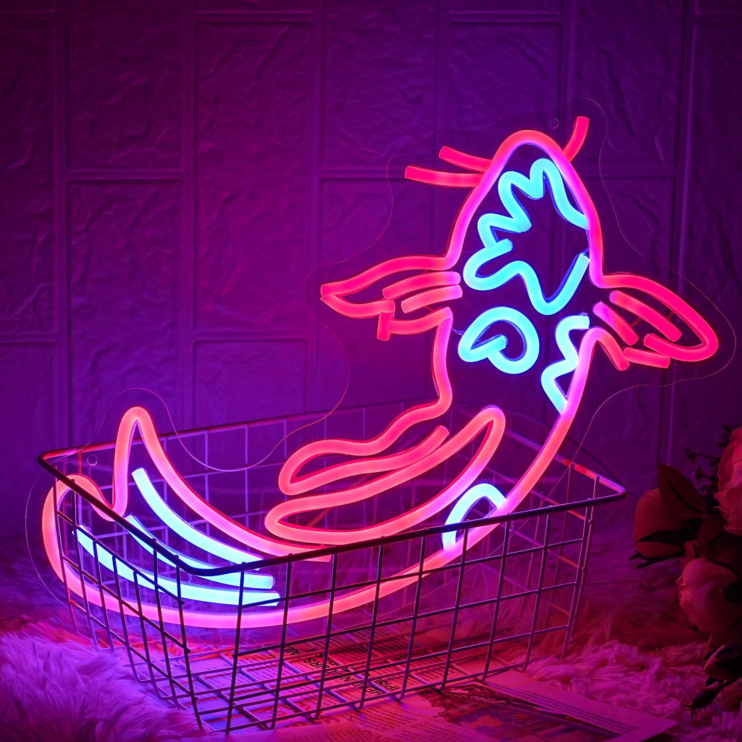LMSIGNLY Koi Fish Neon Sign LED Wall Decor 17inx9.5in Red & Blue Lucky Fish Neon Light for Bar, Restaurant, Office, Living Room
