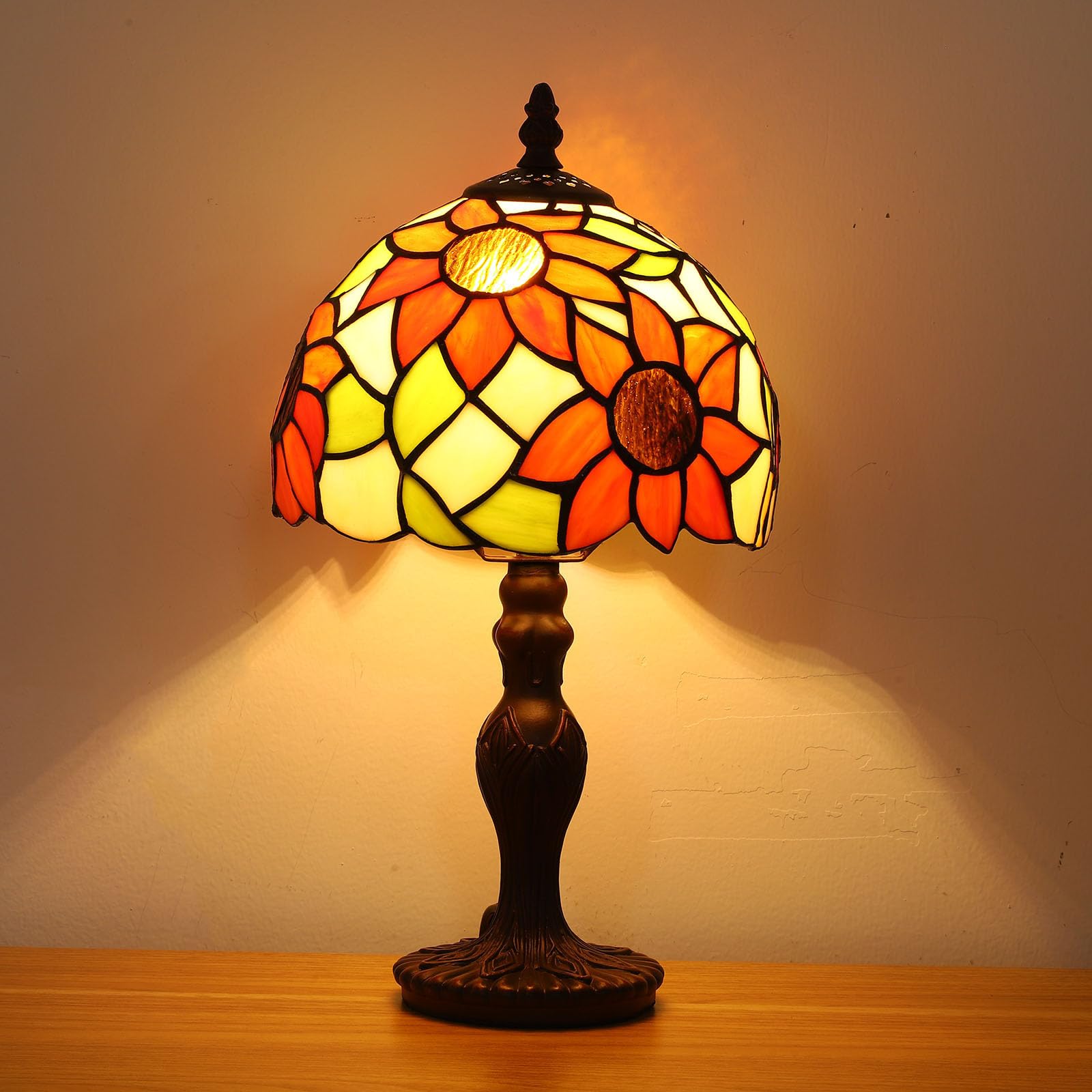 Fumat Tiffany Small Table Lamp Sunflower 3-Way Color Temperatures Stained Glass Table Lamps For Living Room,8X8X15Inch Bedroom B