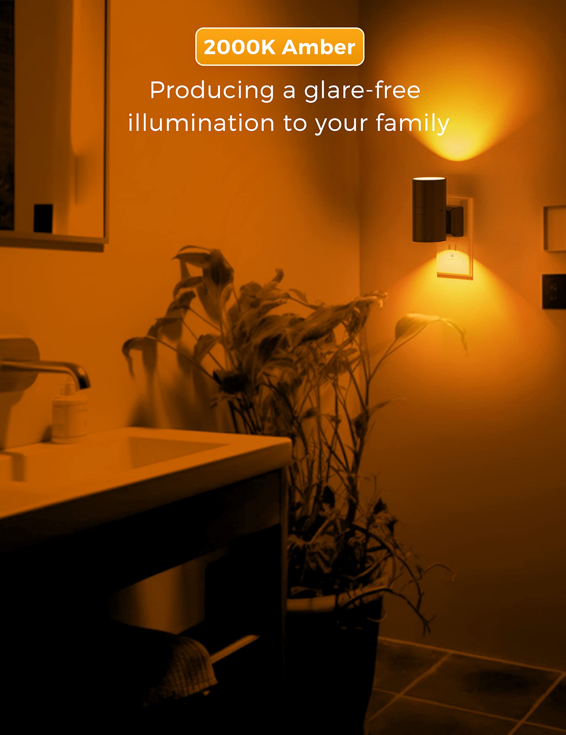L LOHAS LED Night Light, Dimmable Amber Light Sensor, 0-100LM, Plastic, Model GY-063-07-US-2, 2 Pack