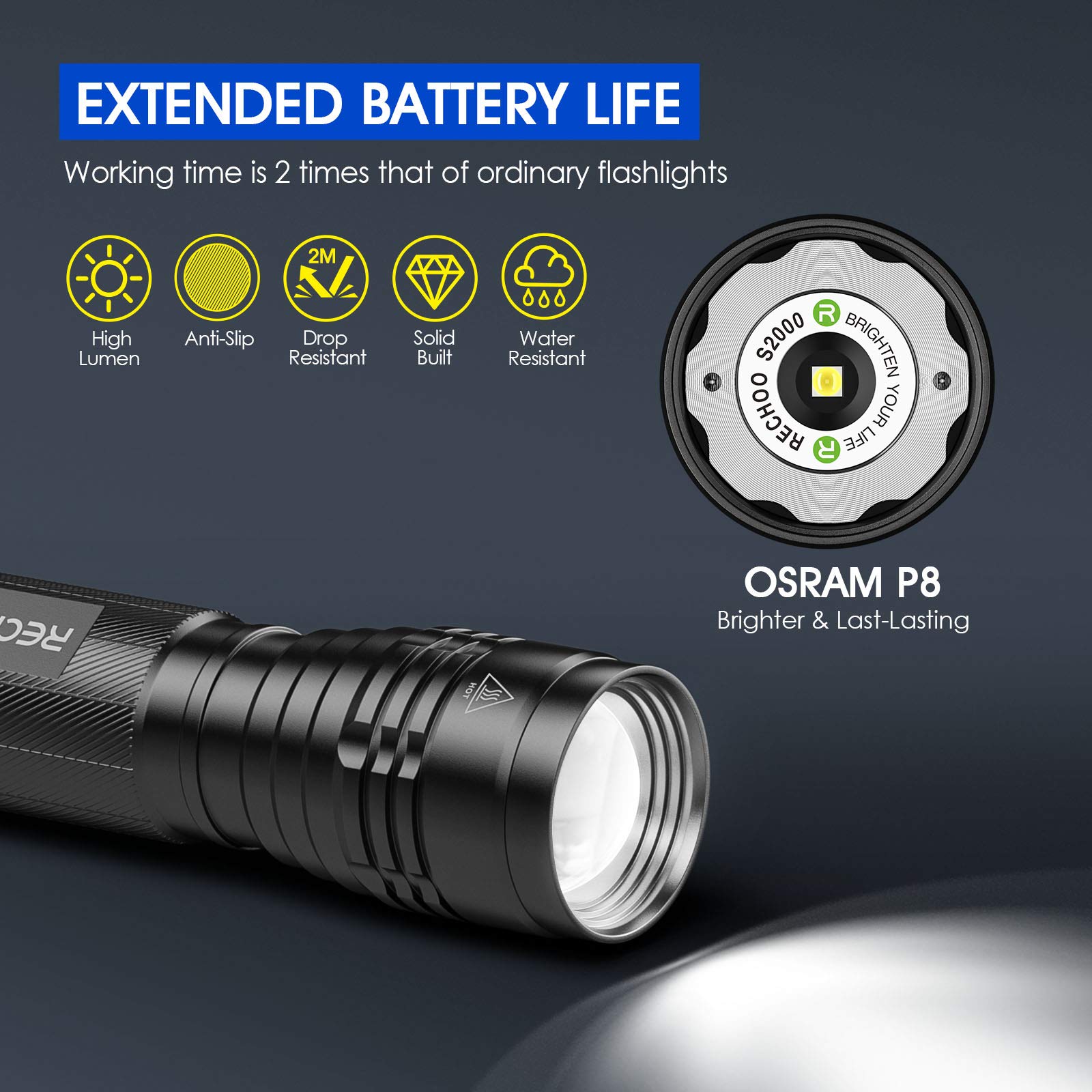 RECHOO S2000 High-Powered LED Flashlight - 2000 Lumens, 3 Modes, Zoomable, Water Resistant, Black, Ideal for Camping & Emergency Use