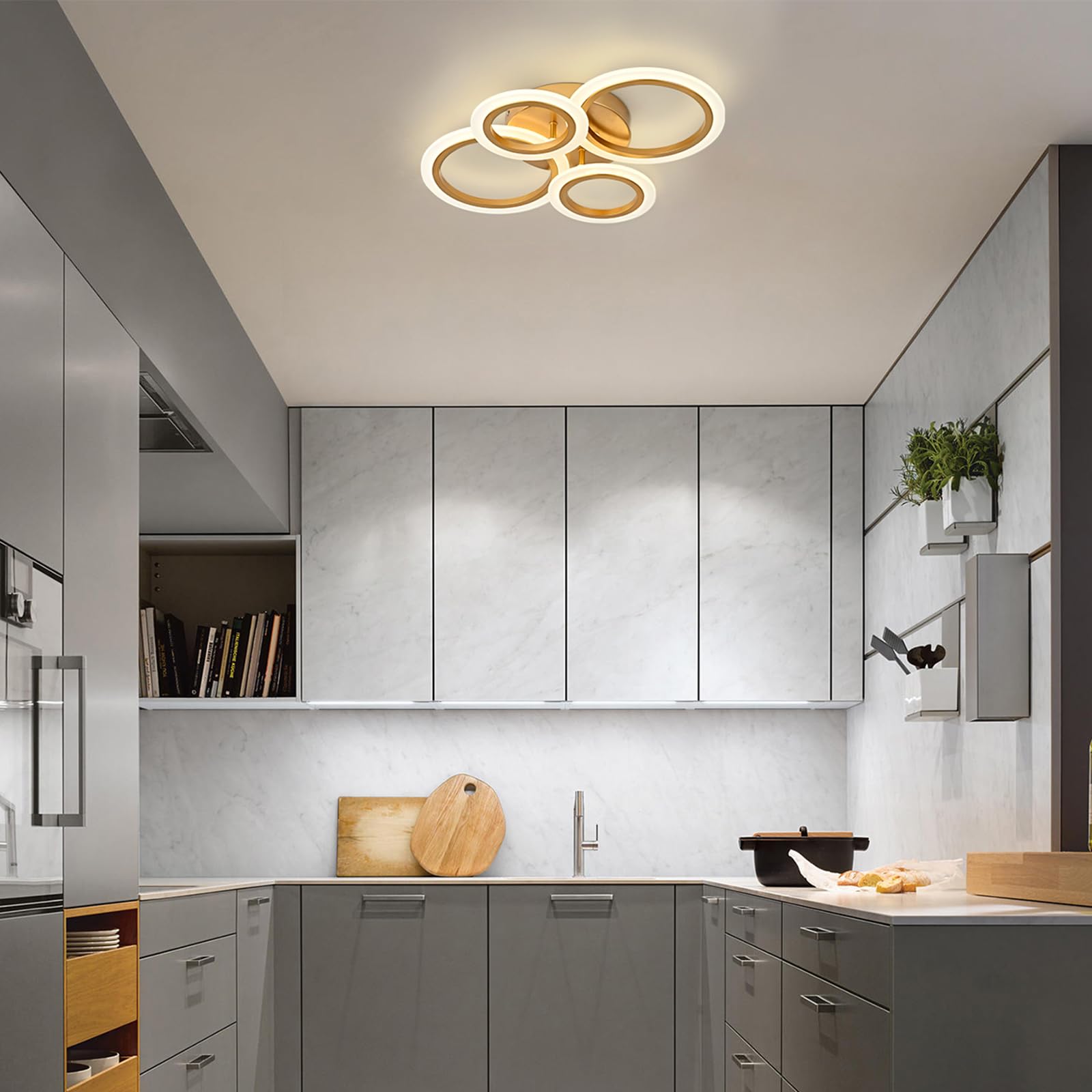 Vikaey Modern Led Flush Mount Ceiling Light, 4 Rings Gold Close To Ceiling Light, Lighting Fixture Ceiling Lamp For Kitchen, Living Room, Bedroom, Laundry Room, 4000K Not Dimmable