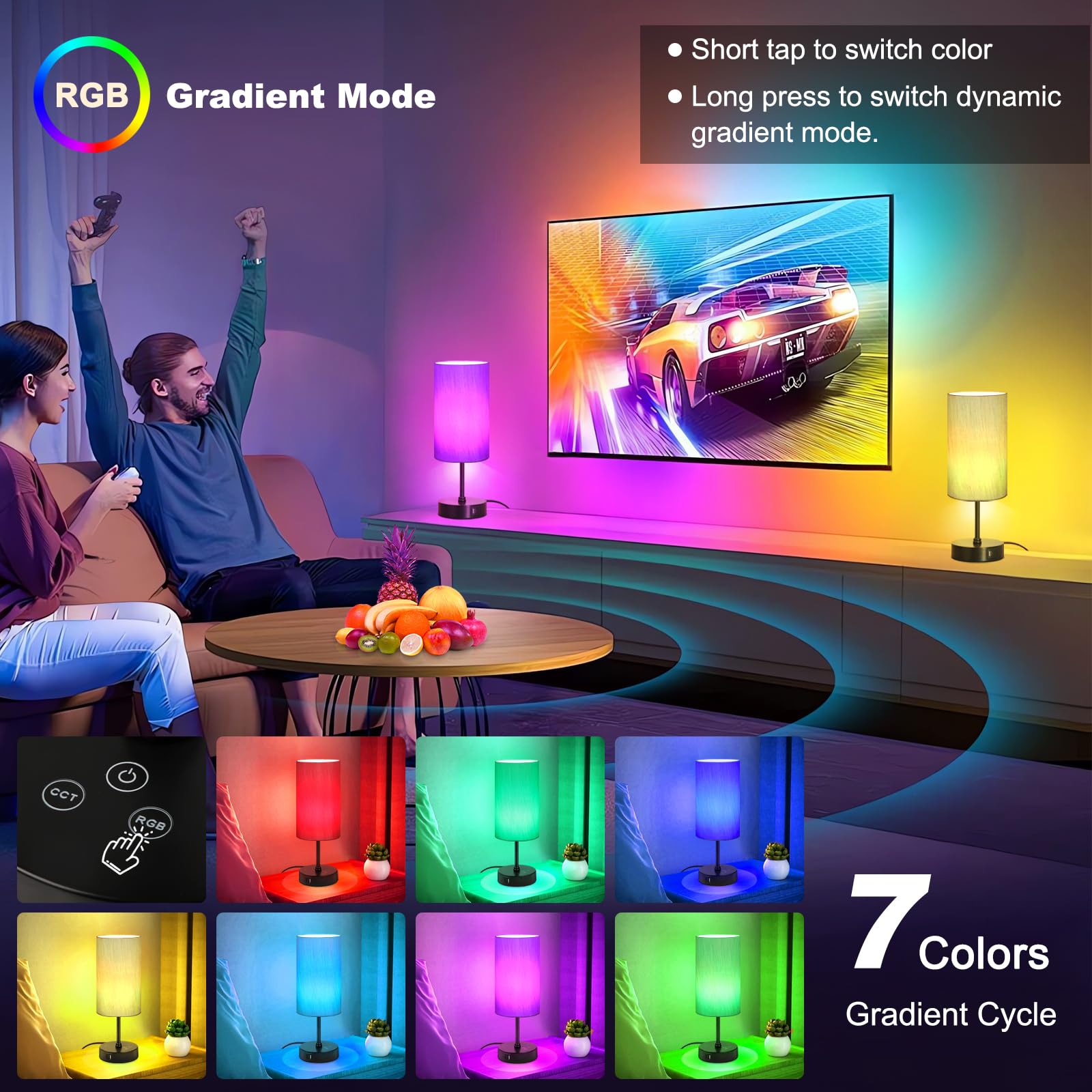 Unicozin Small Table Lamp, 7 Rgb & 3 Cct 3000K/4500K/6500K, Stepless Dimmable Bedside Lamp With Grey Shade, Touch Control Ambien