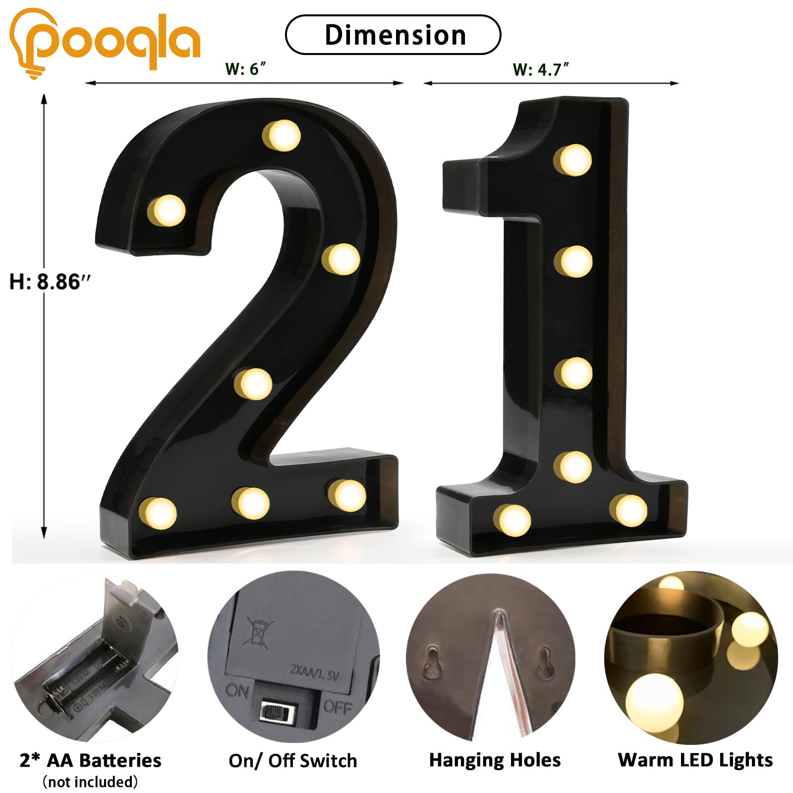 Pooqla Decorative Led Light Up Number Letters, Black Plastic Marquee Number Lights Sign For 21Th Birthday Party Wedding Decor Battery Operated Black Number 21