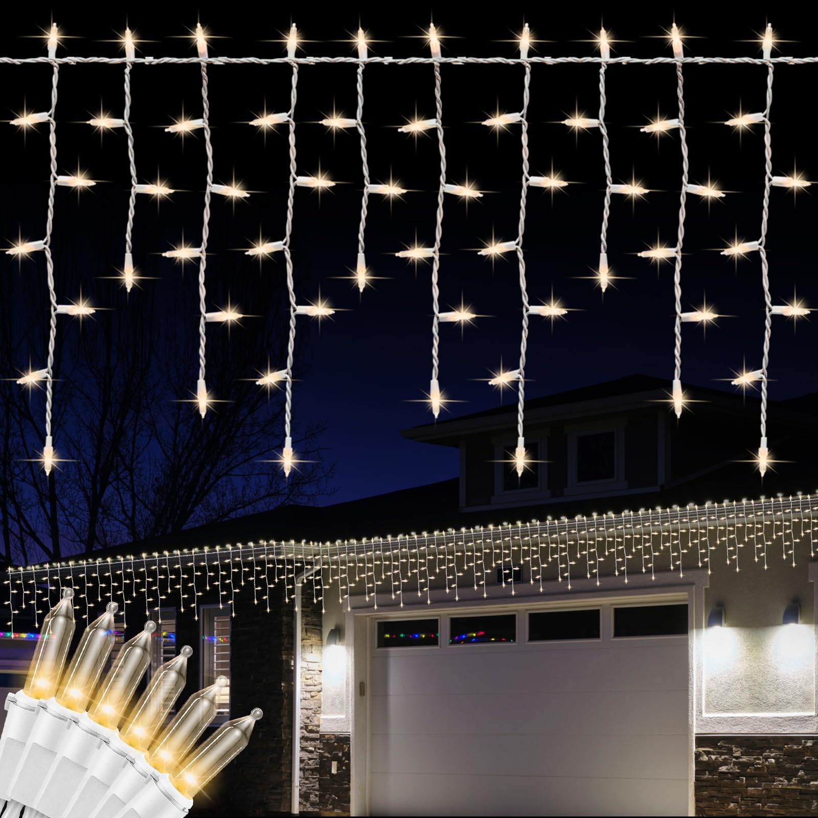 LAMPHOME 27FT 300 Clear Icicle Lights White Wire  Indoor/Outdoor Christmas and Holiday Light
