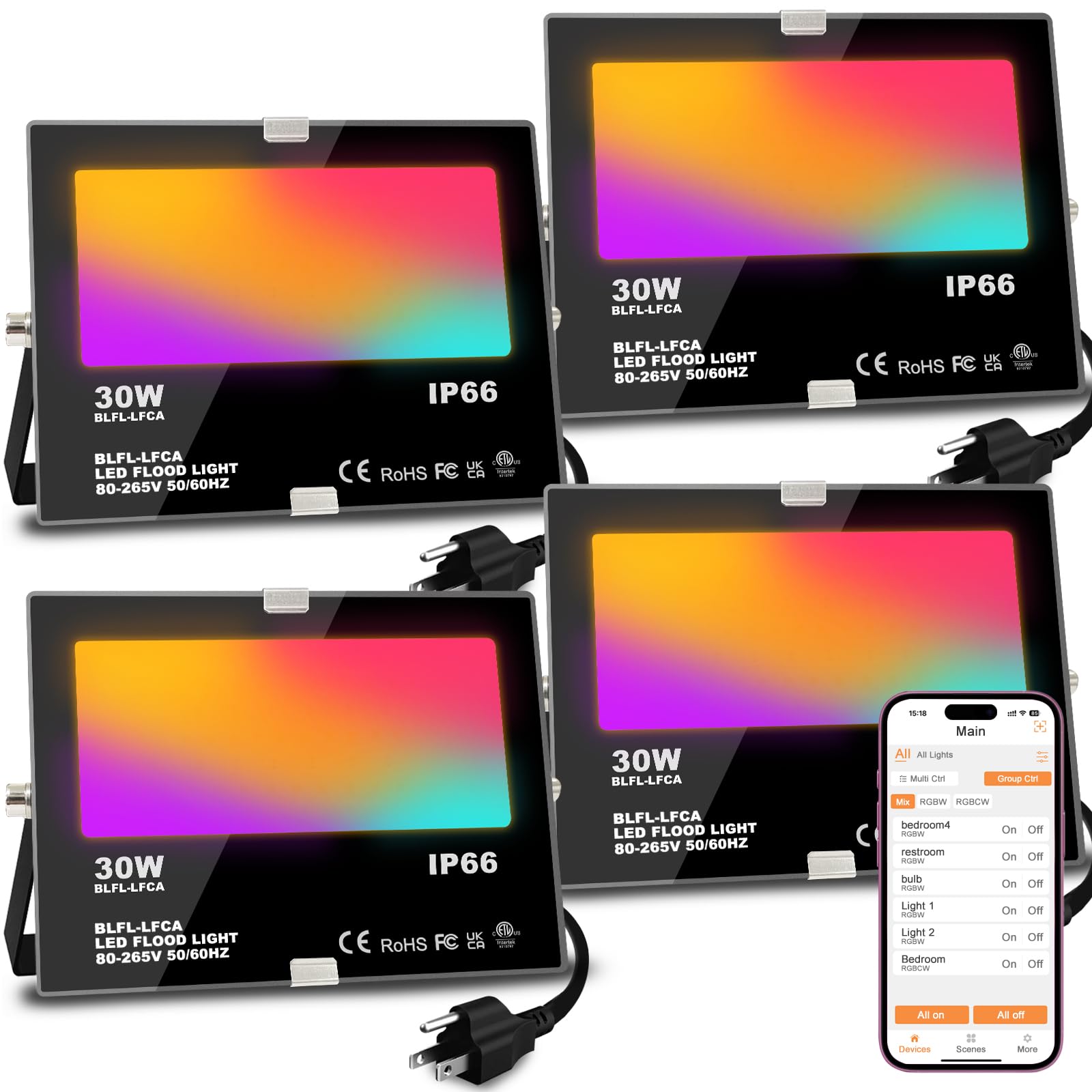 Melpo Led Flood Light 30W, 3000Lm Rgb Outdoor Landscape Lighting, App Control, Ip66, Warm White 2700K, Multicolor (4 Pack)