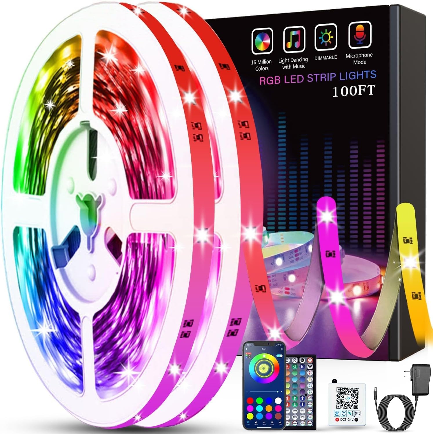 Tenmiro Led Lights for Bedroom 100ft (2 Rolls of 50ft) Music Sync Color Changing Band Lights with Remote and App Control RGB Band  for Room Home Party Decoration