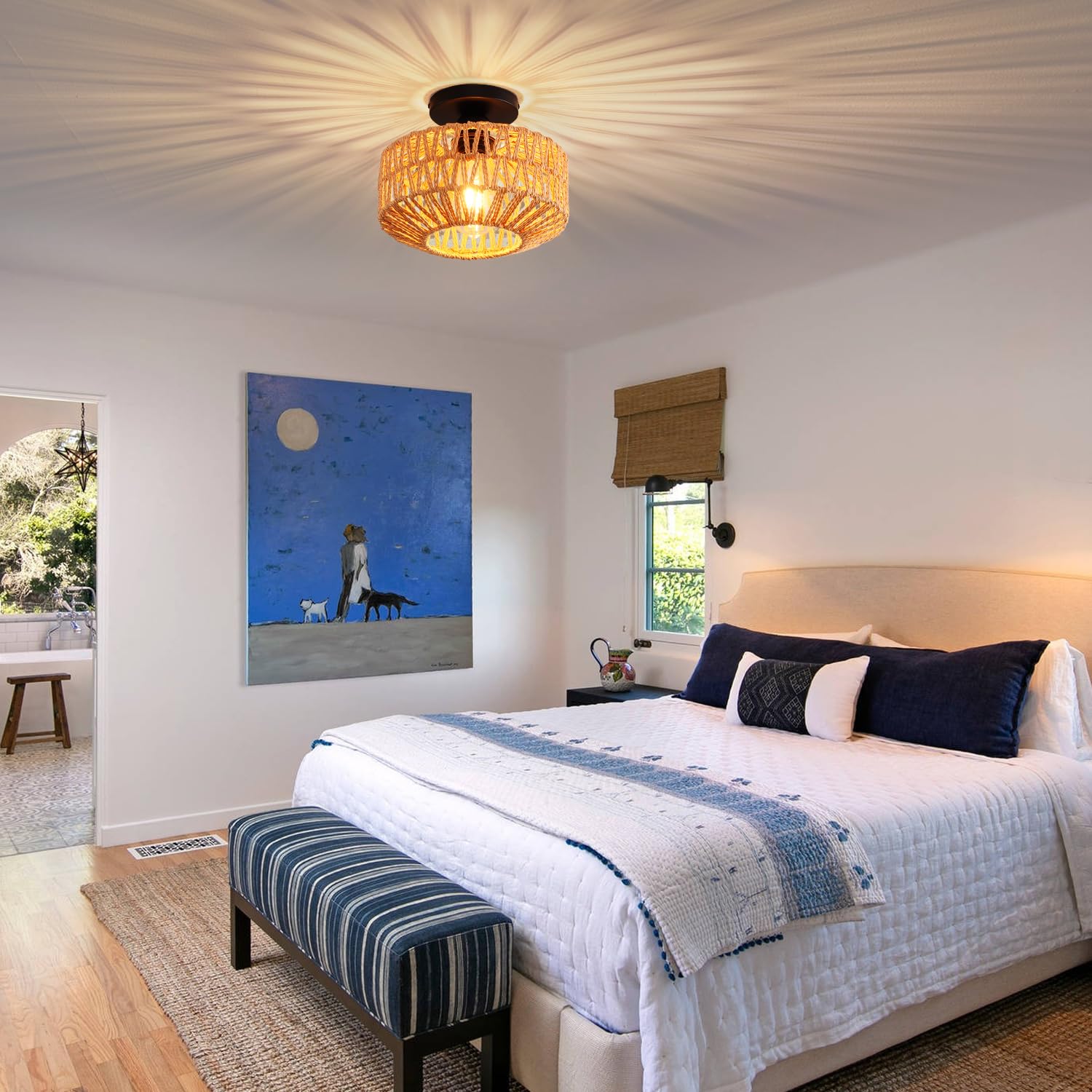 KENMI Ceiling Light Fixture, Hand-Woven Rattan, Metal, 9.8 IN, Flush Mount, Boho Style for Hallway, Bedroom, Kitchen, Living Room