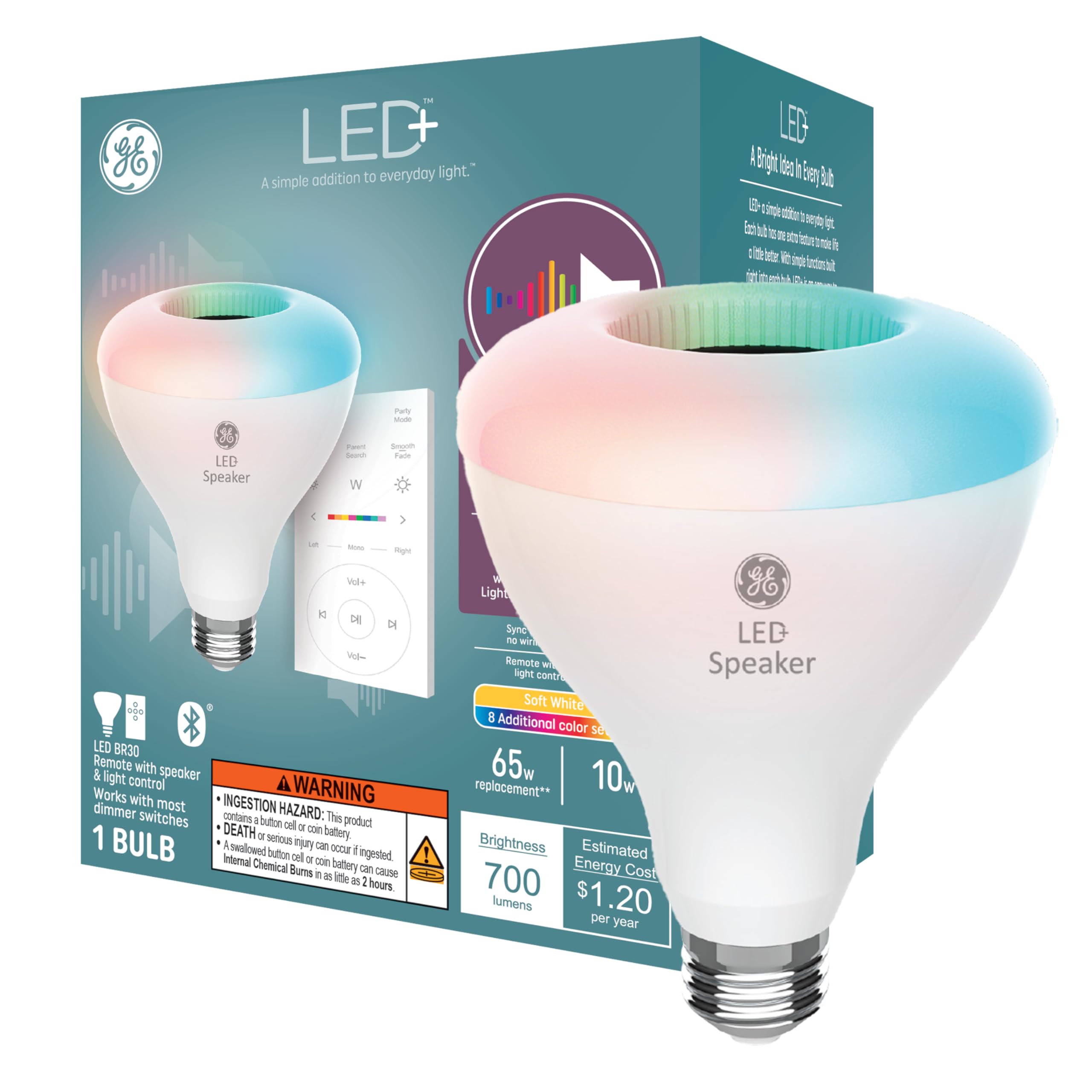 Ge Led+ Color Changing Speaker Led Light Bulb, Br30 Indoor Floodlight Bulb, Soft White And Multicolor (1 Pack)